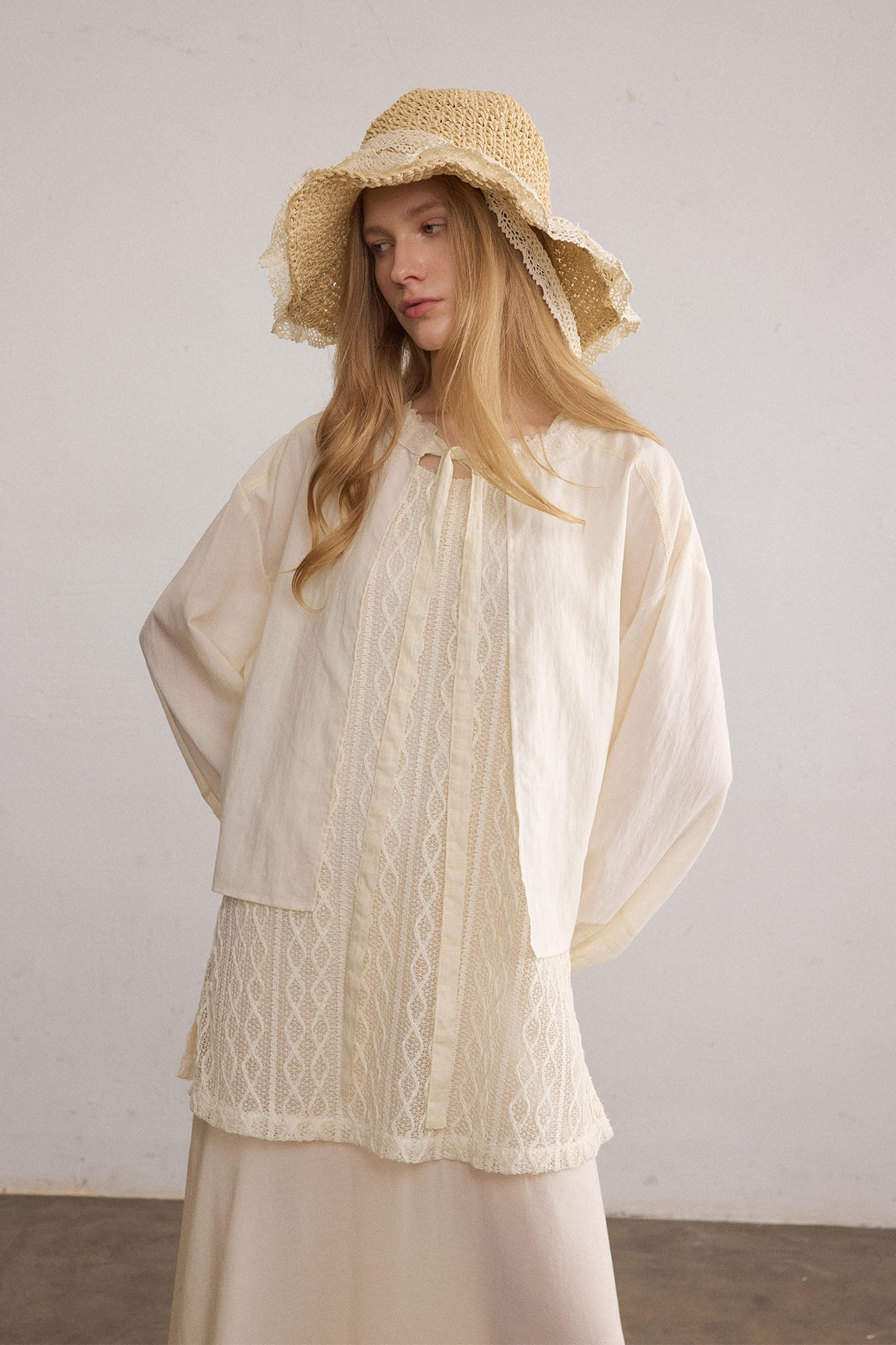 SAME FLOW Layered Lace-Panel Tie-Neck Long-Sleeve Tee