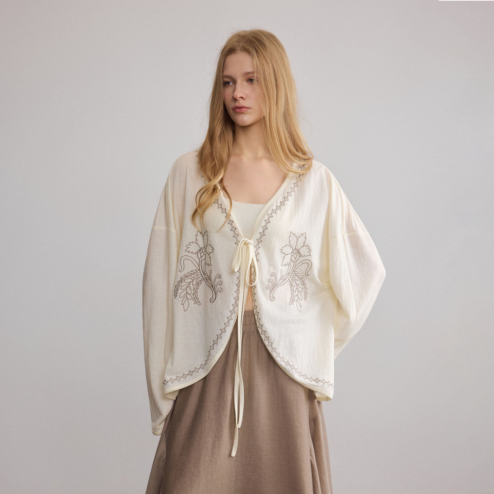 SAME FLOW Floral Embroidered Tie-Front Jacket