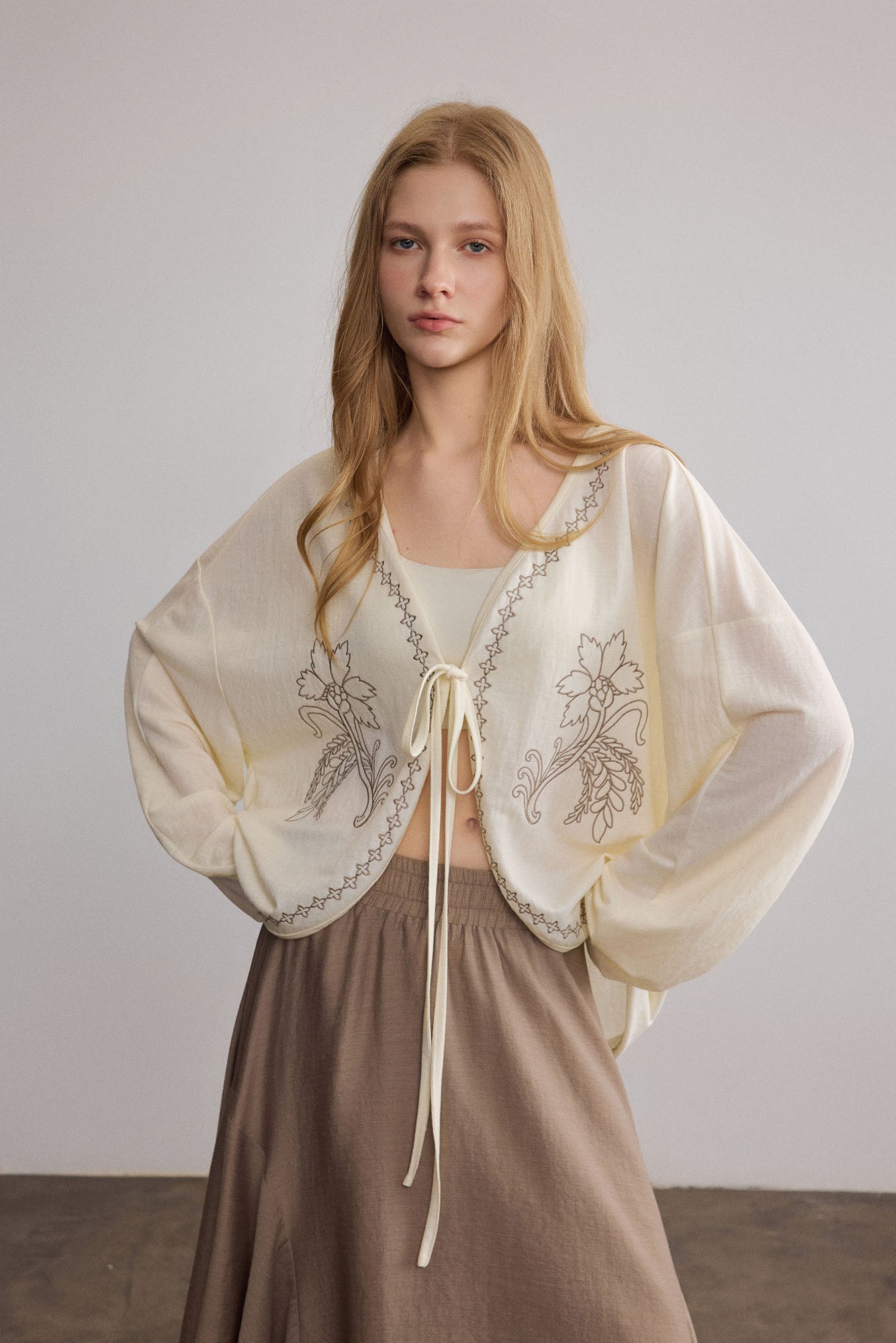 SAME FLOW Floral Embroidered Tie-Front Jacket