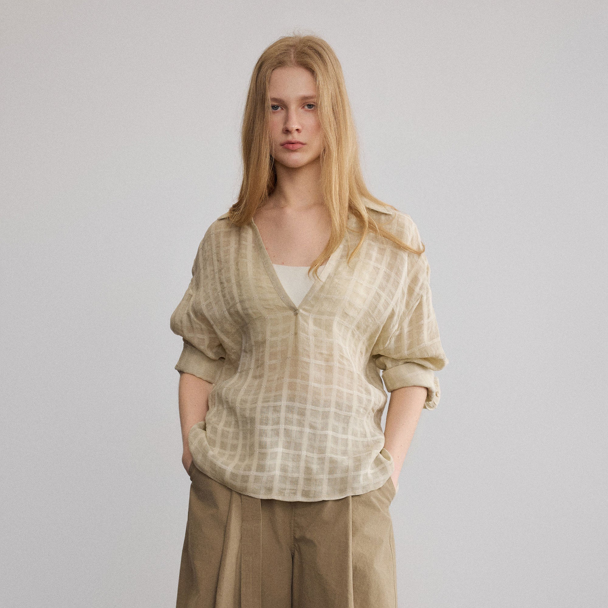 SAME FLOW Sheer Plaid V-Neck Shirt