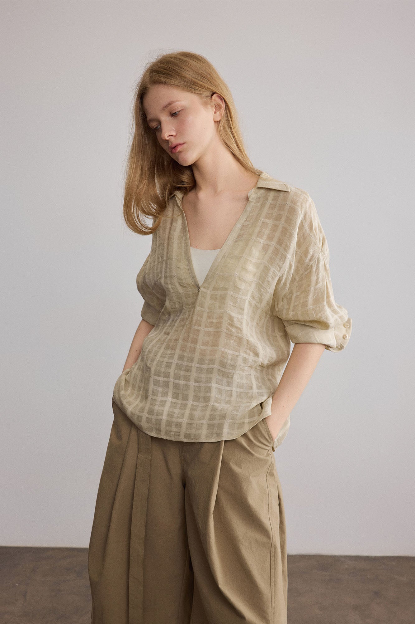 SAME FLOW Sheer Plaid V-Neck Shirt