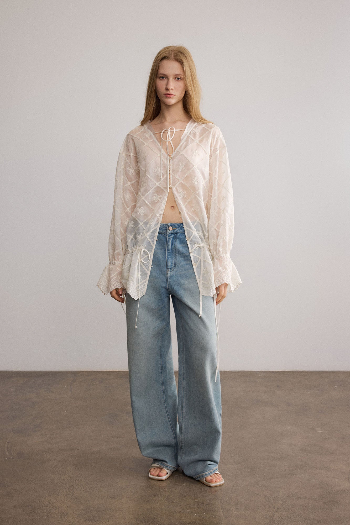 SAME FLOW Sheer Embroidered Tie-Front Lace-Hem Shirt
