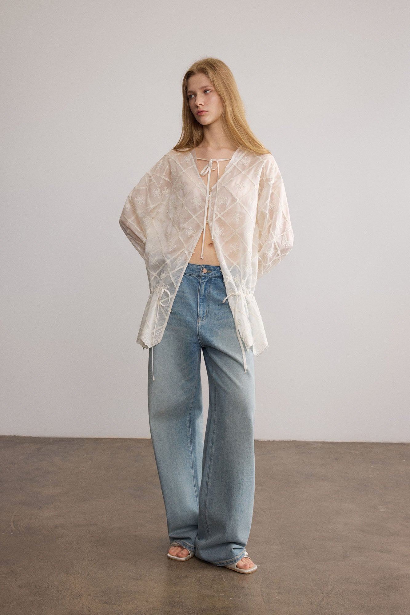 SAME FLOW Sheer Embroidered Tie-Front Lace-Hem Shirt