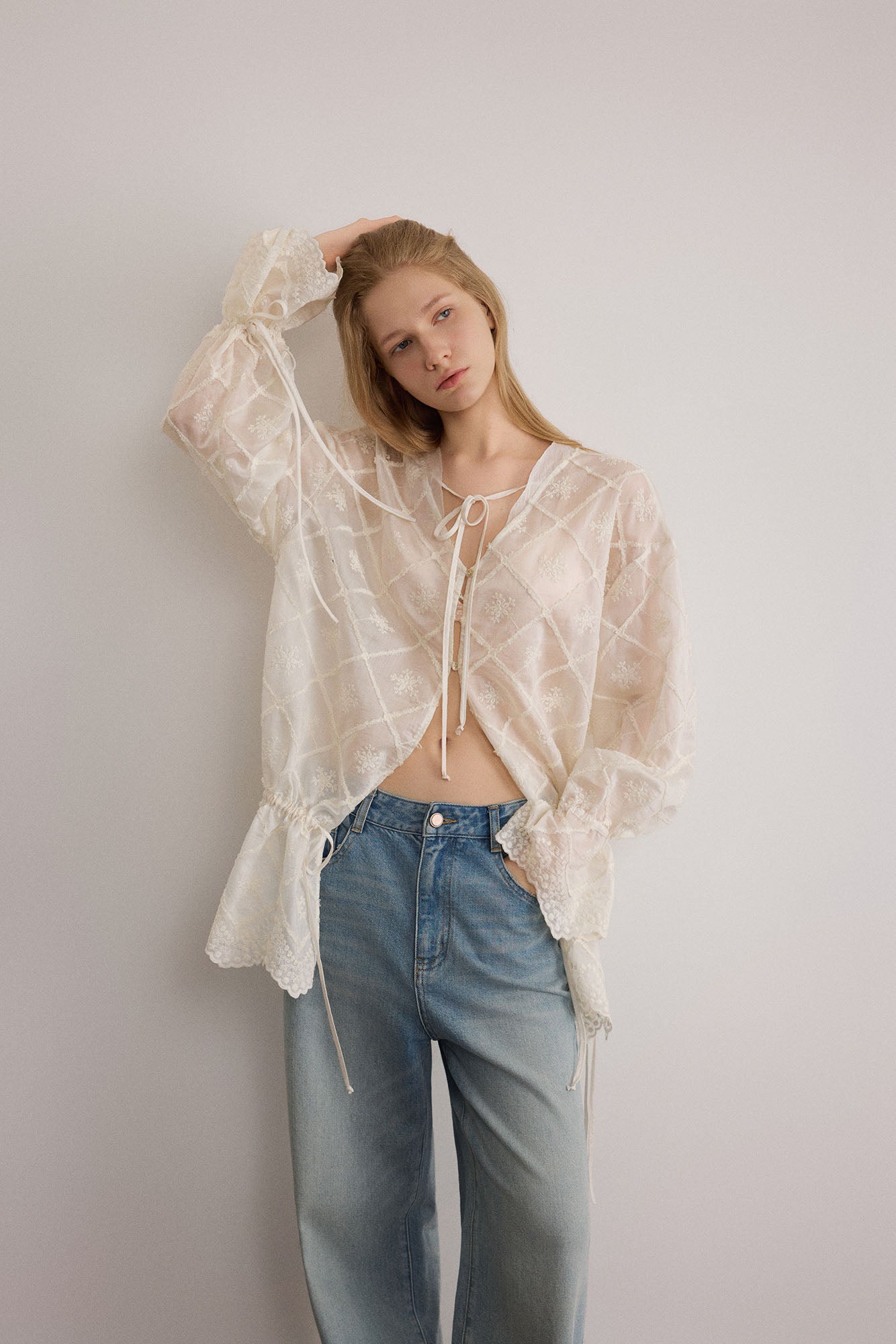 SAME FLOW Sheer Embroidered Tie-Front Lace-Hem Shirt