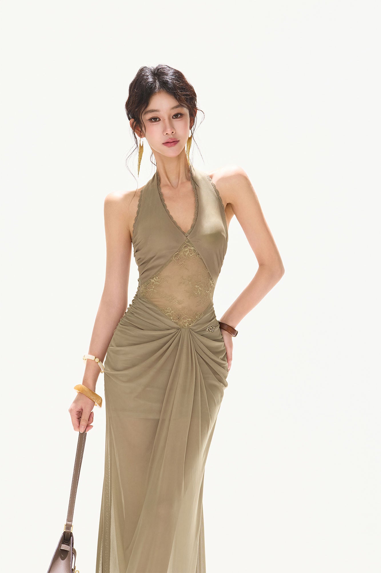 CYNR Draped Sheer Halter Maxi Dress