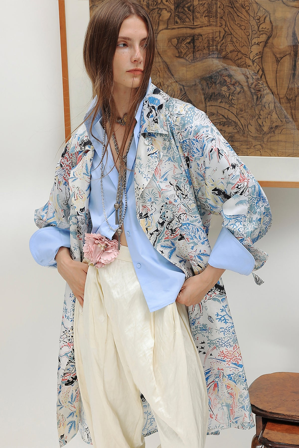 WINGFREE Silk-Blended Double-Breasted Oversized Coat