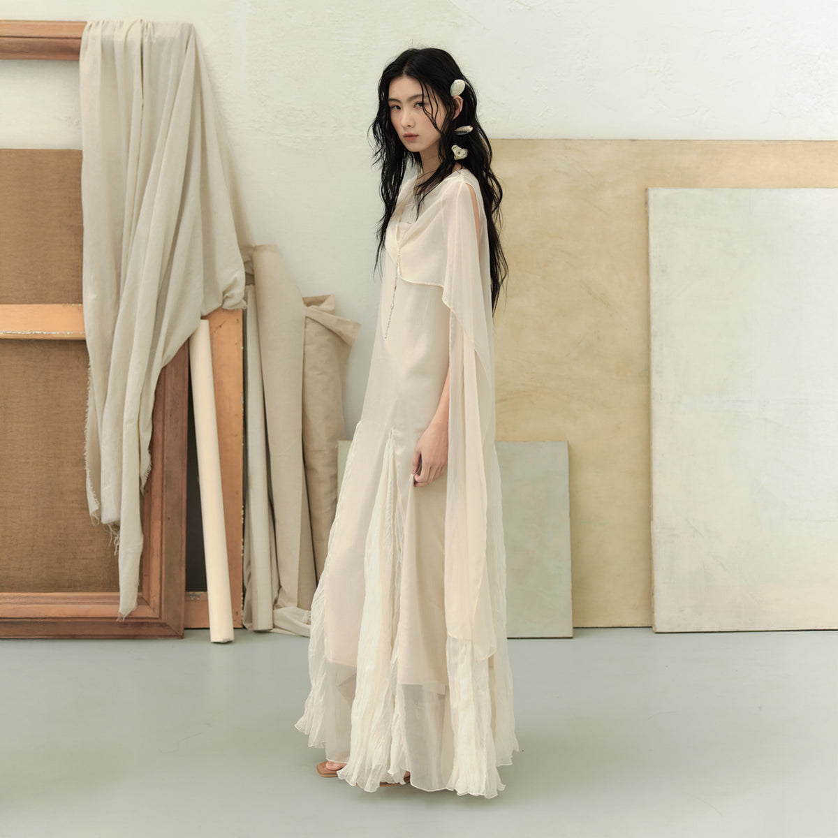 CHANGGUANG YUANZI Asymmetric Drape Mesh Two-Piece Dress