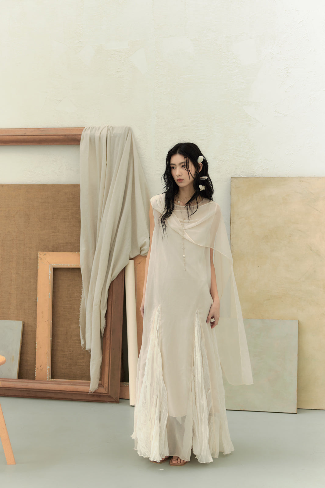 CHANGGUANG YUANZI Asymmetric Drape Mesh Two-Piece Dress