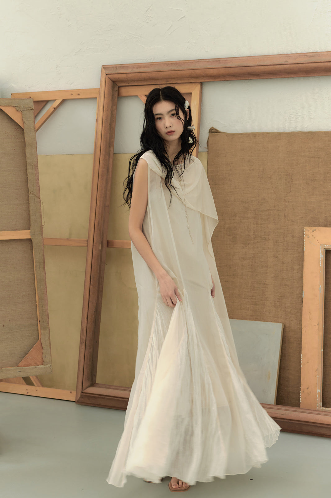 CHANGGUANG YUANZI Asymmetric Drape Mesh Two-Piece Dress