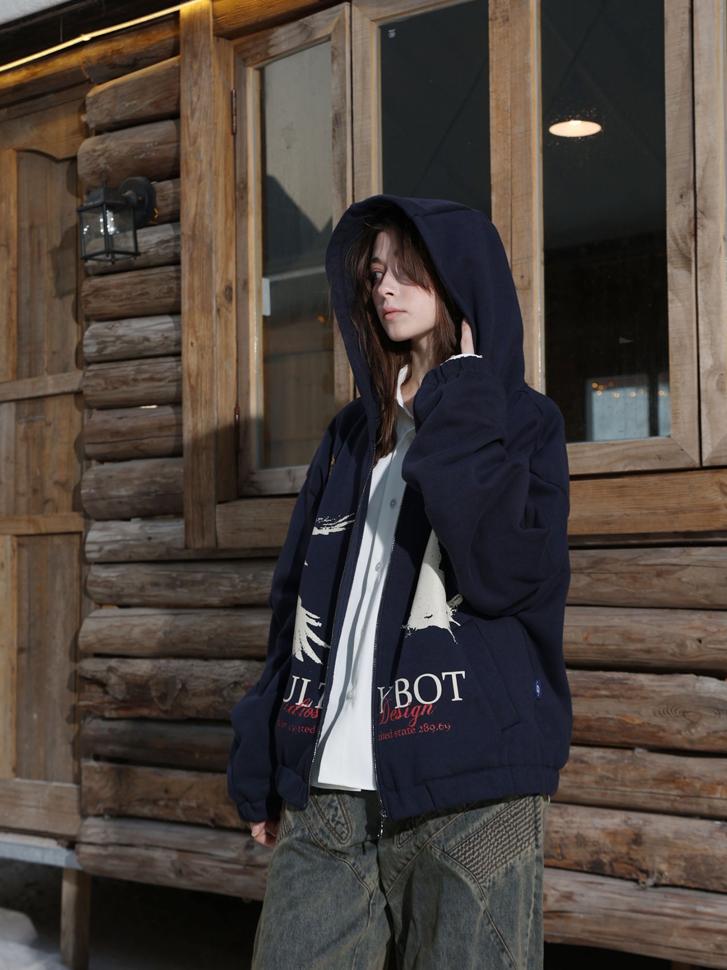 ERROR CODE ROBOT Bird Graphic Fleece-Lined Hooded Jacket