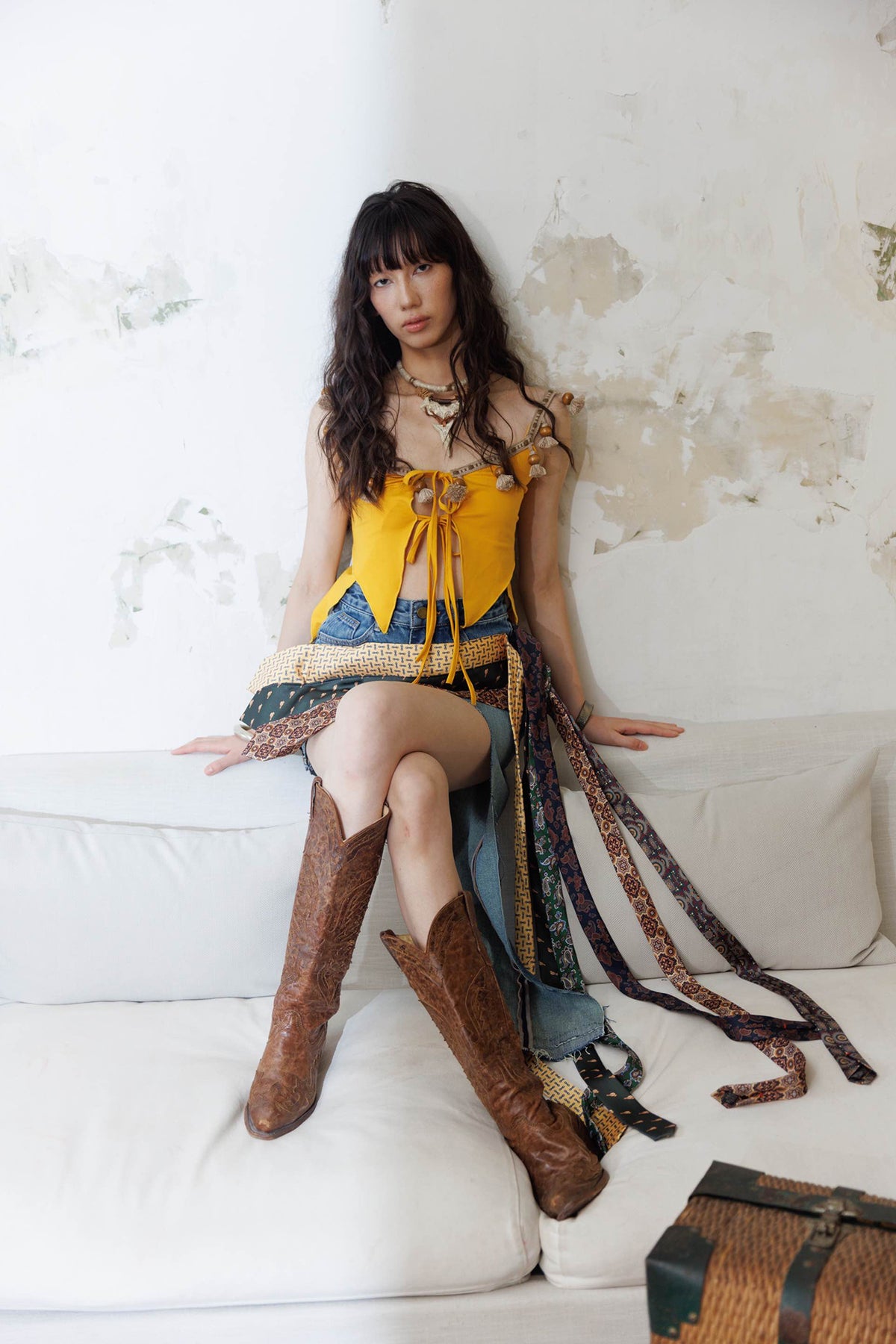 HUNGRAS Tie-Spliced Distressed Denim Skirt