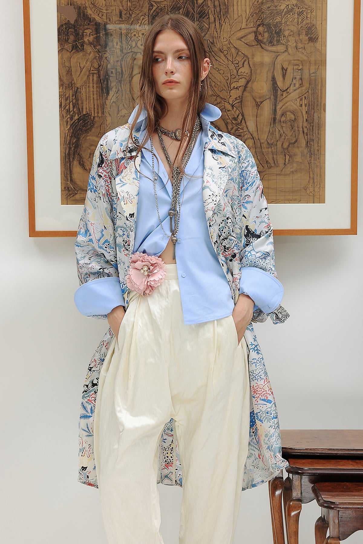 WINGFREE Silk-Blended Double-Breasted Oversized Coat