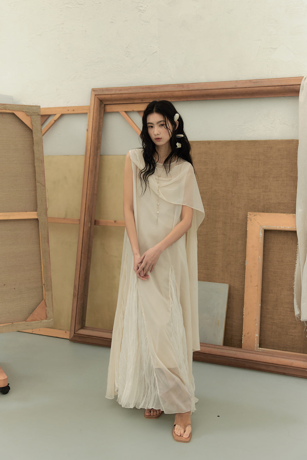 CHANGGUANG YUANZI Asymmetric Drape Mesh Two-Piece Dress