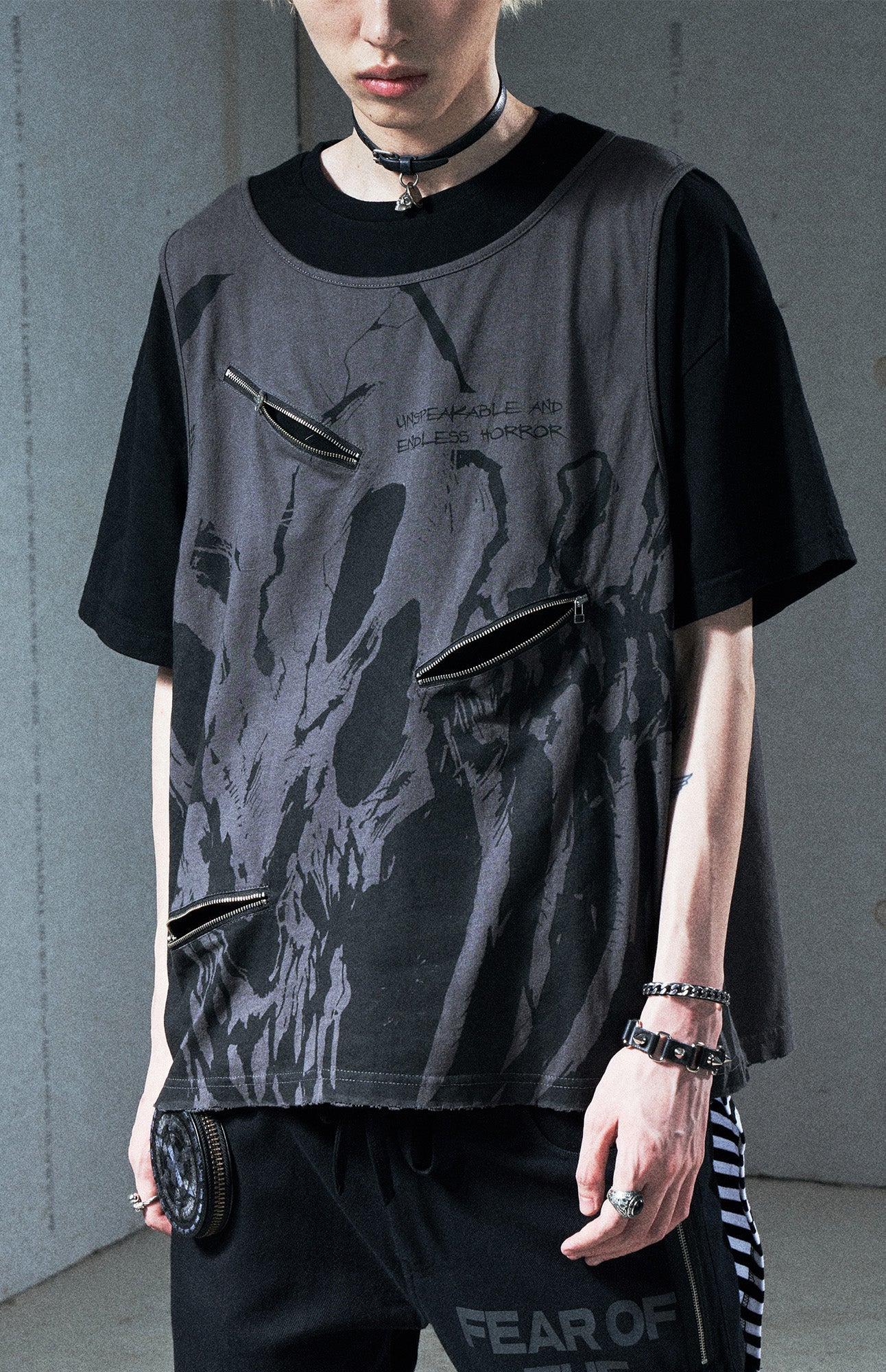 VENTUREK Washed Horror Graphic Layered Multi-Zip Tee, premium urban and streetwear designers apparel on PROJECTISR.com, VENTUREK
