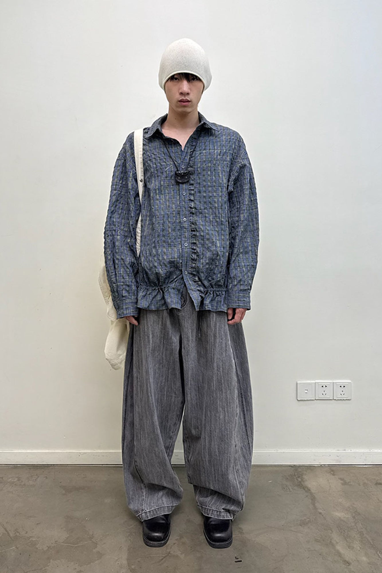 NEVERSEEZ Ruffle-Placket Seersucker Plaid Drawstring Shirt