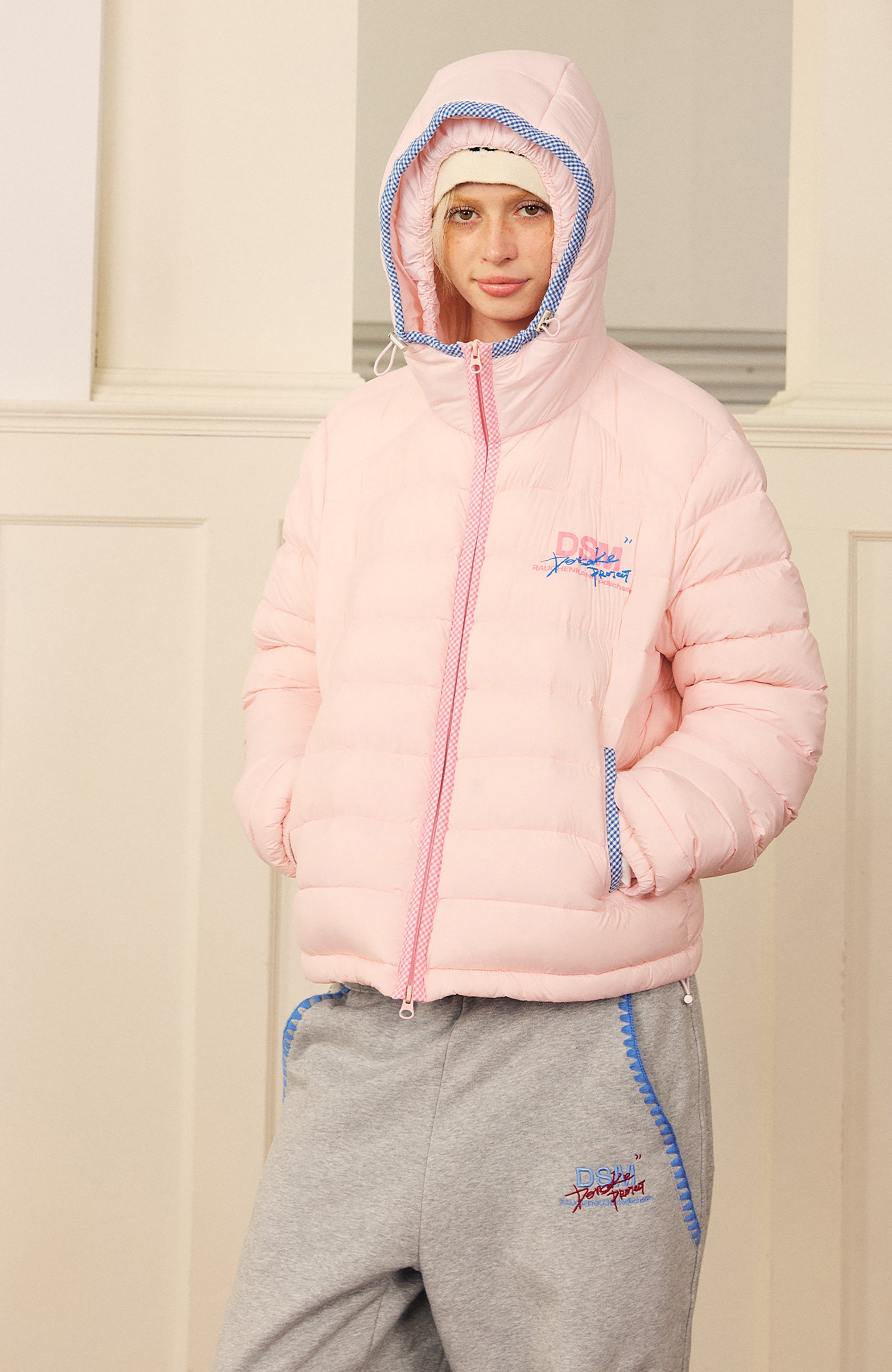 DONSMOKE Plaid Trim Hooded Down Puffer