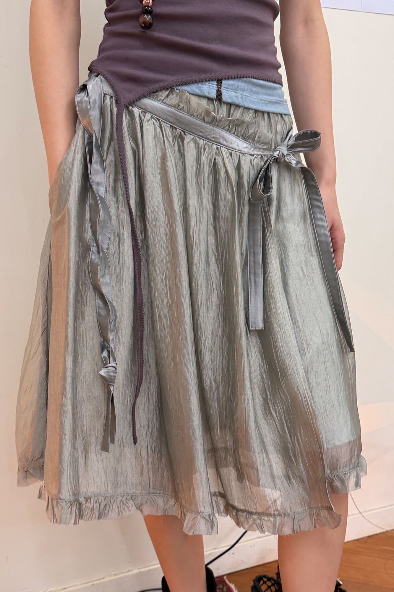 NEVERSEEZ Layered Sheer Ruffled Tie-Waist Skirt