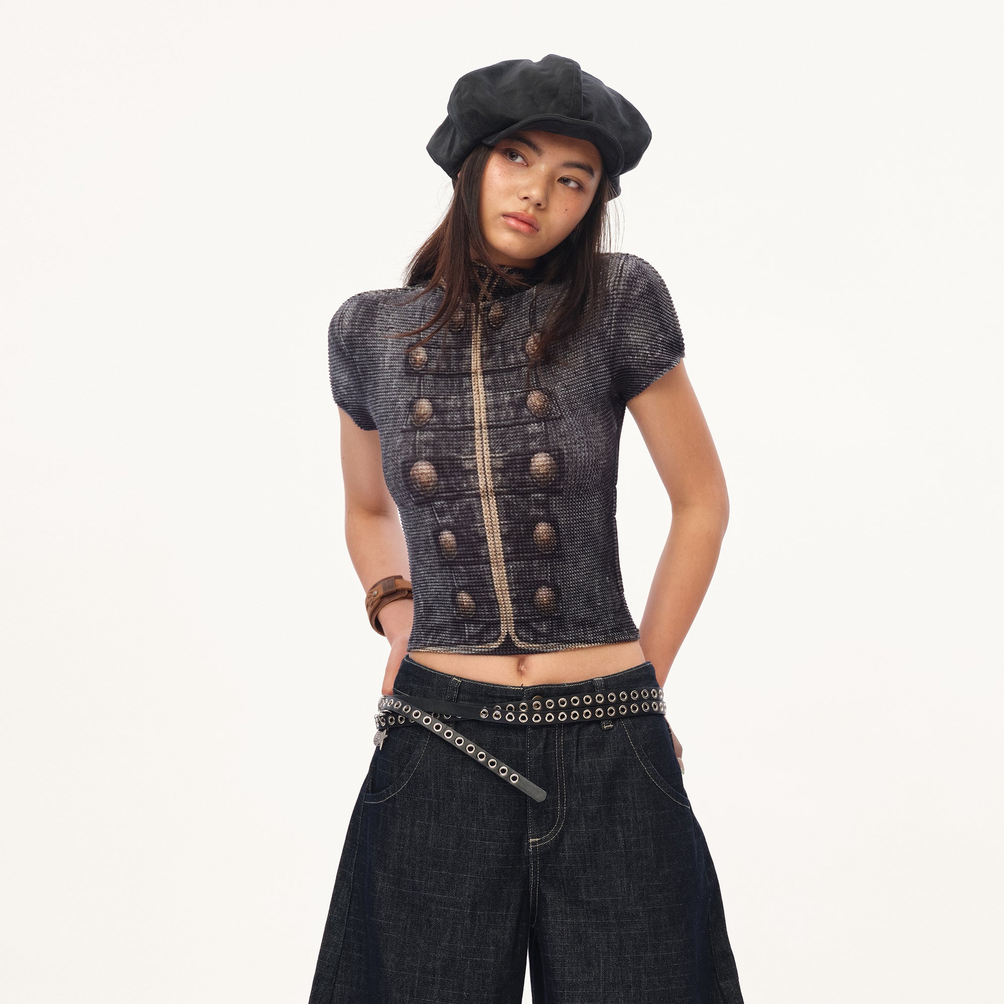 MOF Military-Inspired Graphic Pleated T-Shirt