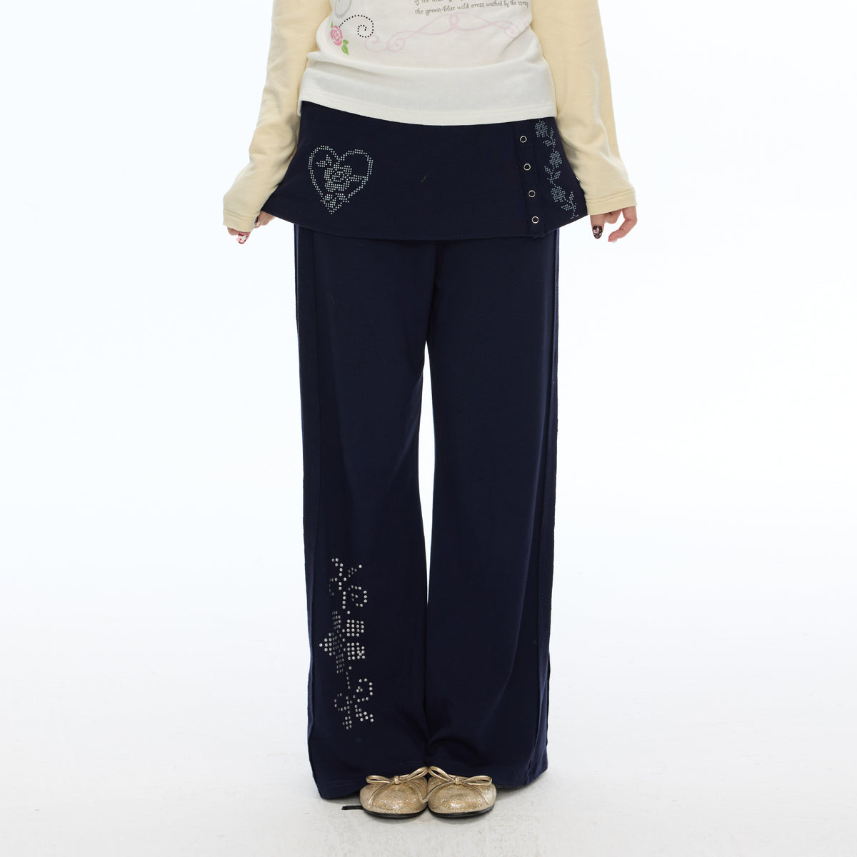 BETWEENAND Diamond Graphic Skirt-Overlay Flared Sweatpants