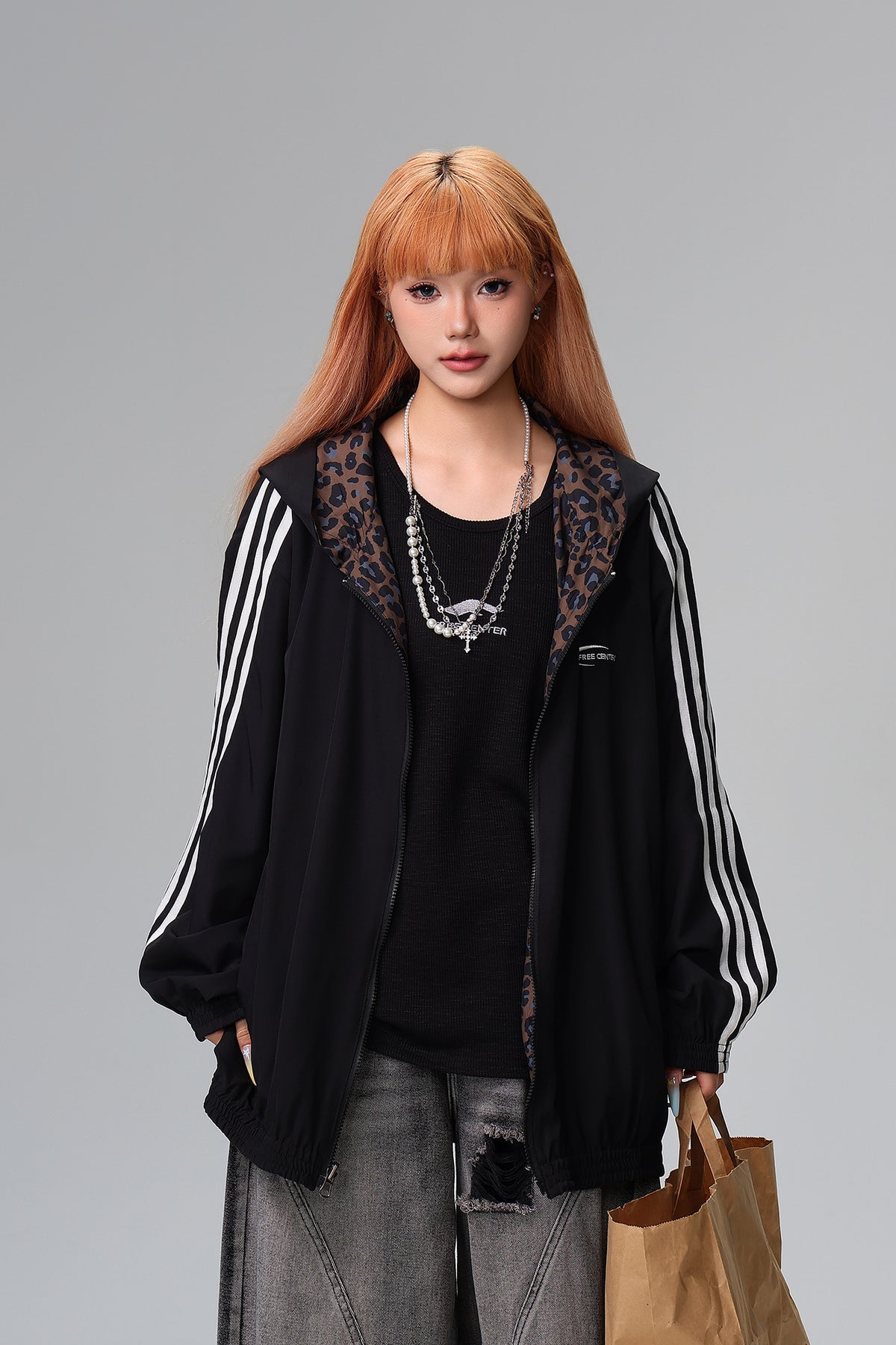 FREE CENTER Reversible Leopard Print Hooded Jacket