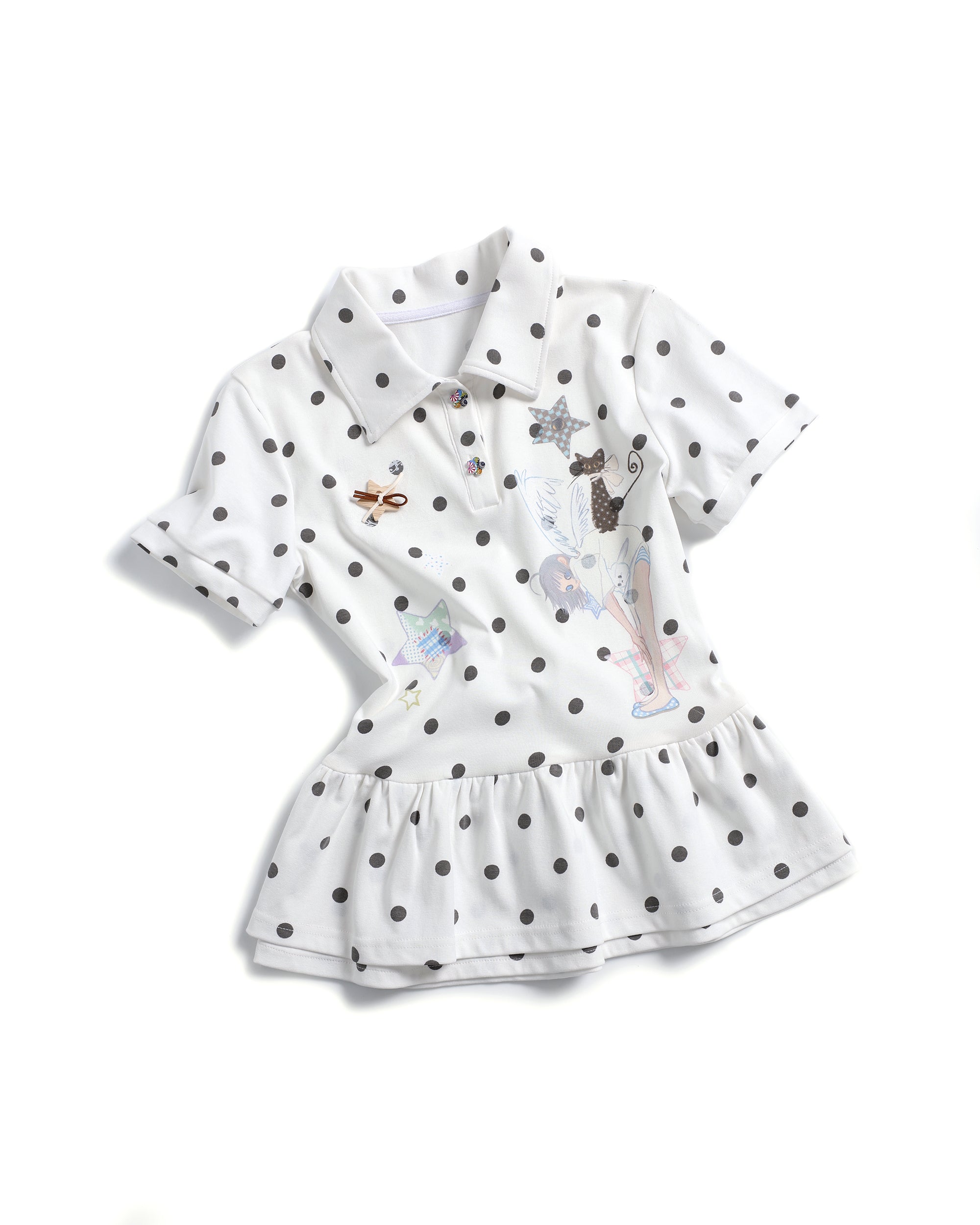 HAVE A MEAL × Congming Polka Dot Ruffle-Hem Polo Tee