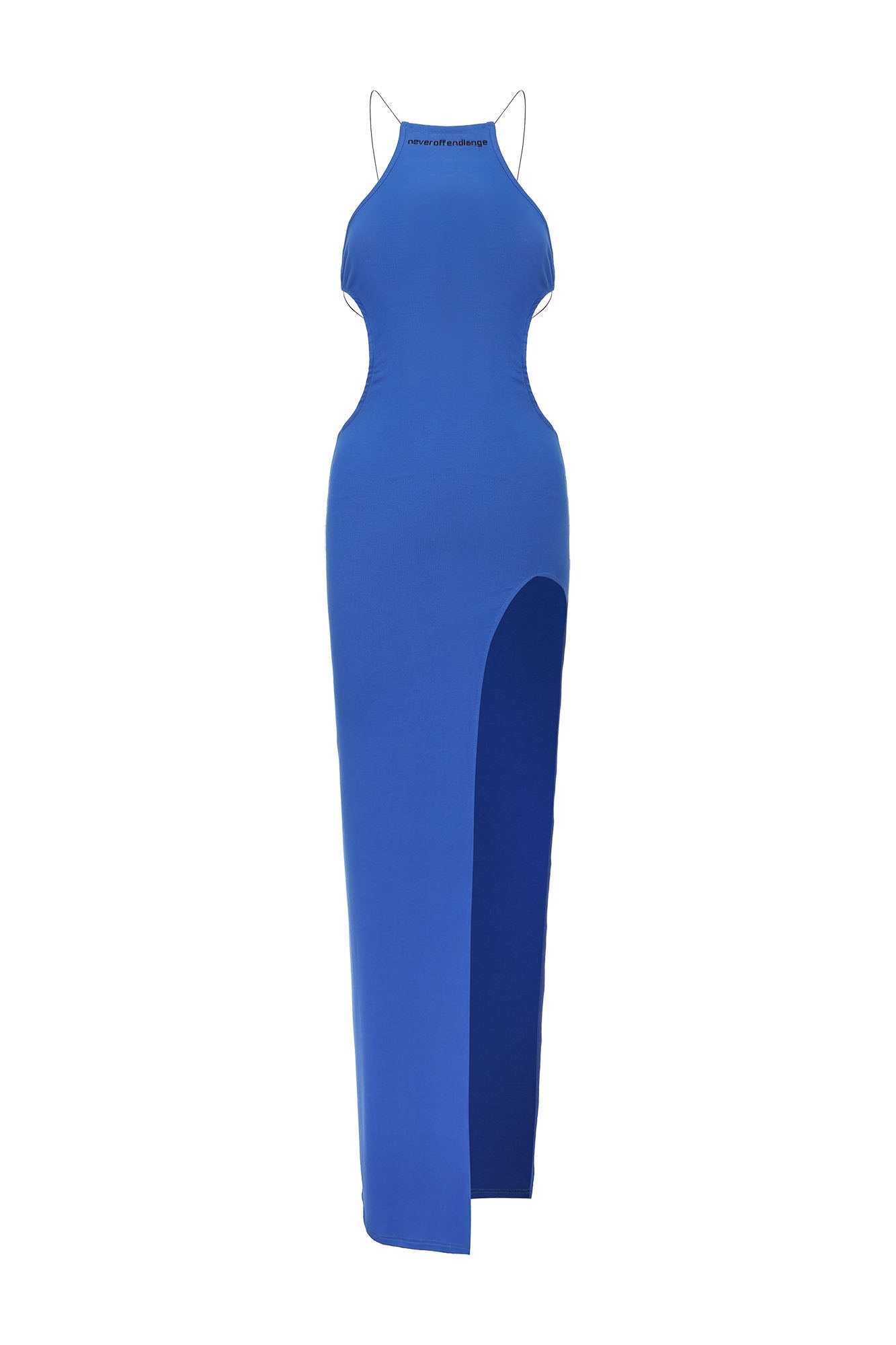 NEVER OFFEND L ANGEL Crossback Halter Slit Maxi Dress Blue