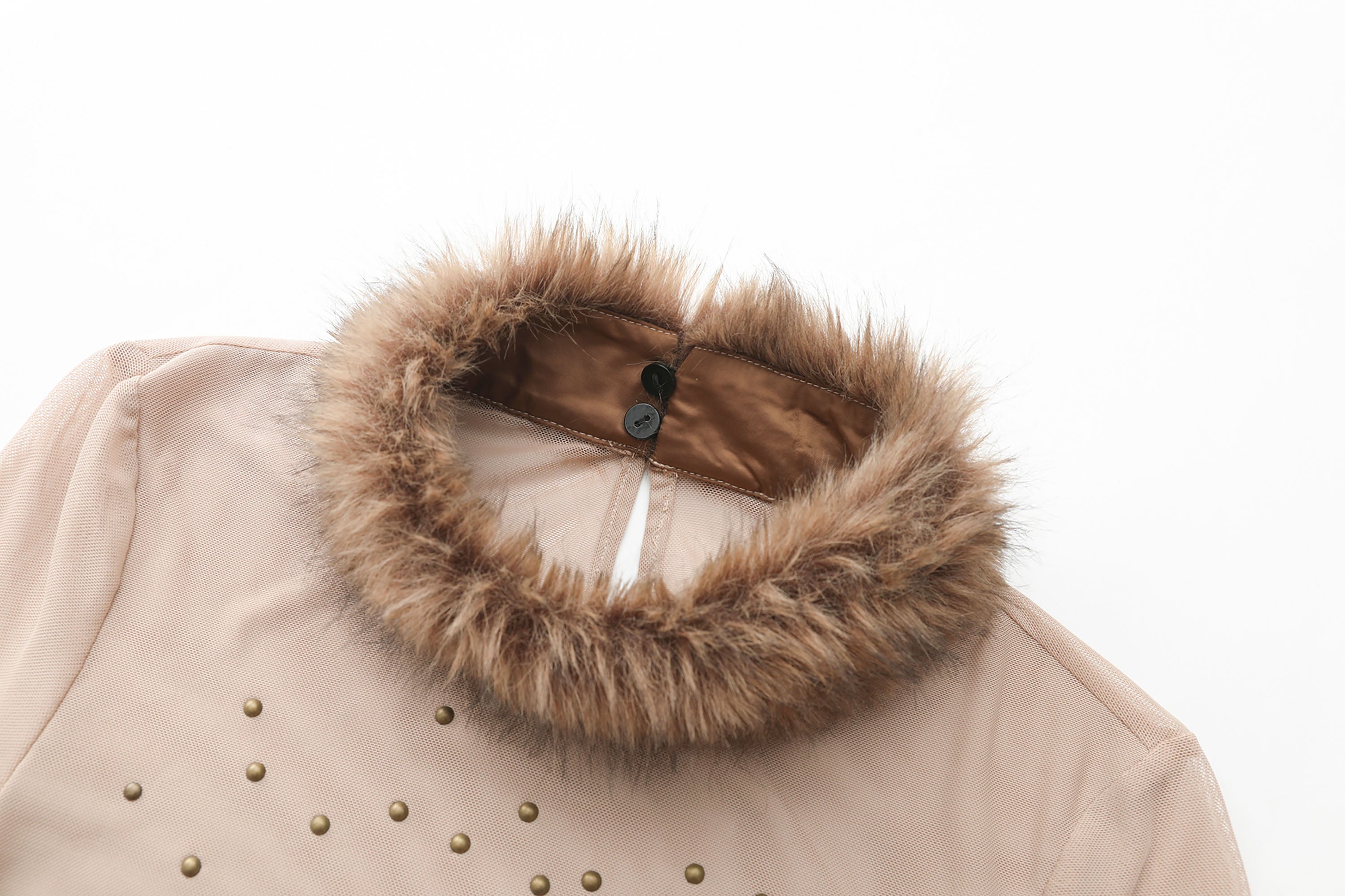 NEVER OFFEND L ANGEL Faux-Fur Collar Rivet Mesh Ruched Top