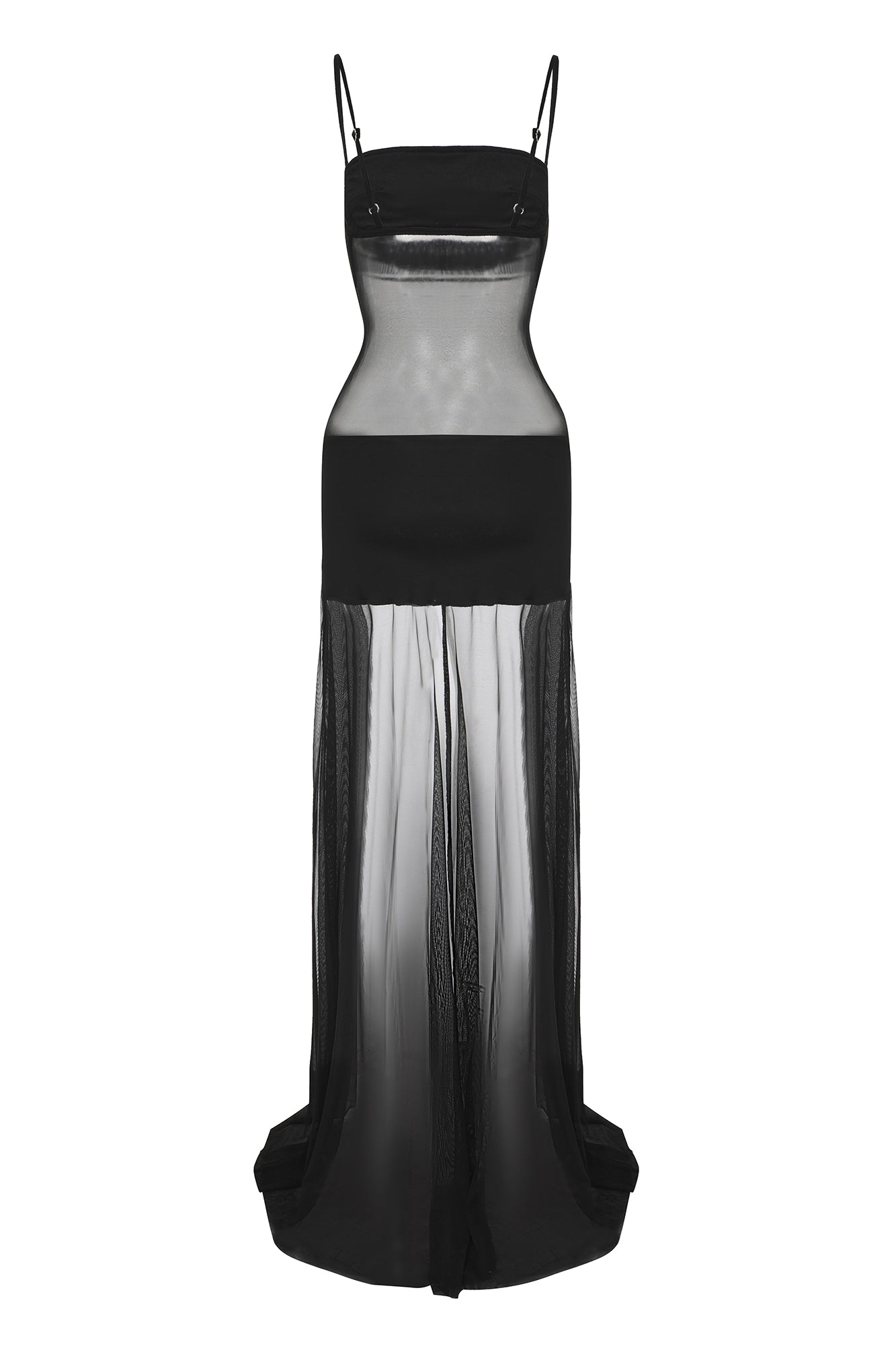 NEVER OFFEND L ANGEL Faux Leather Sheer Paneled Train Dress