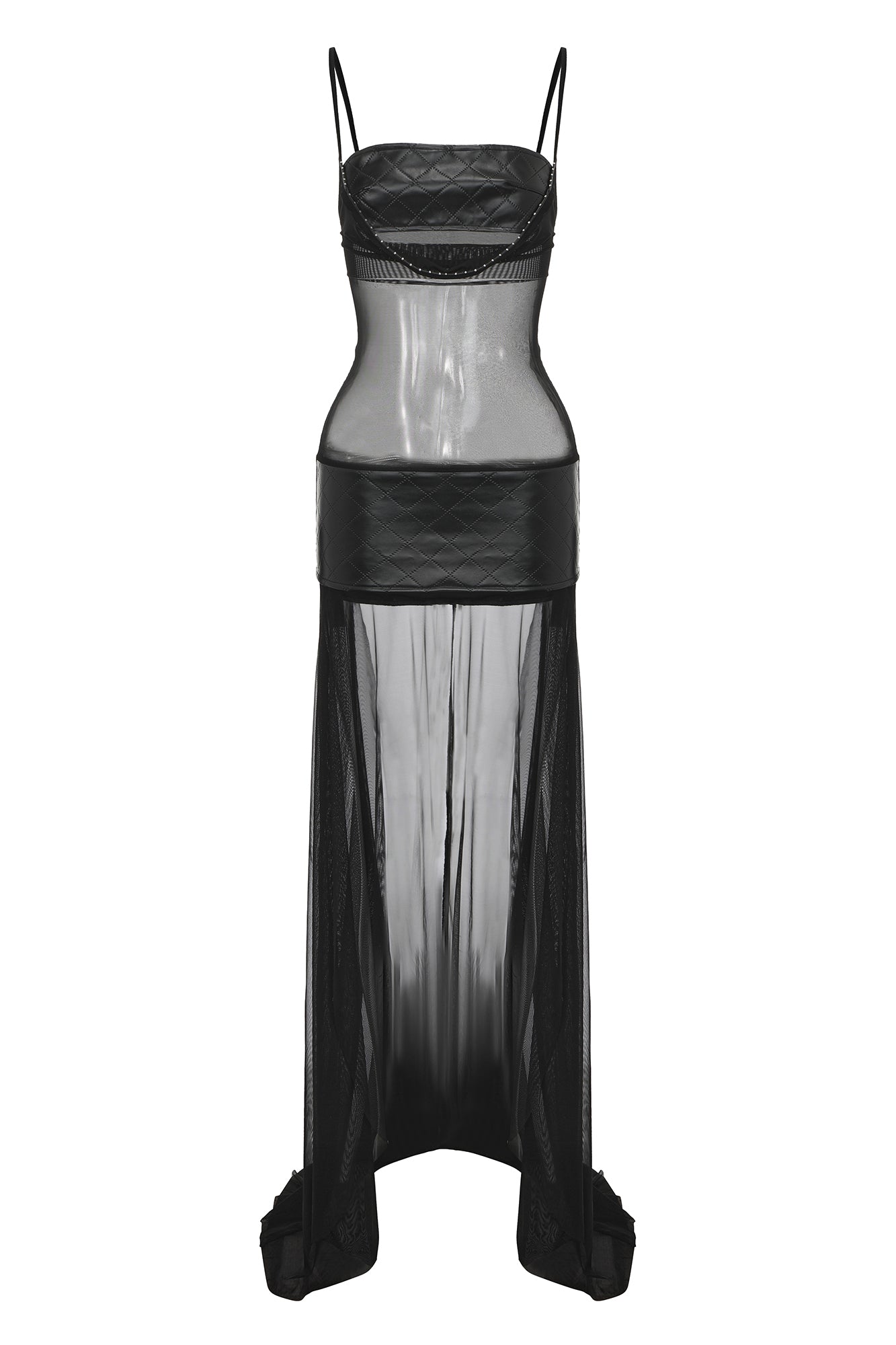 NEVER OFFEND L ANGEL Faux Leather Sheer Paneled Train Dress