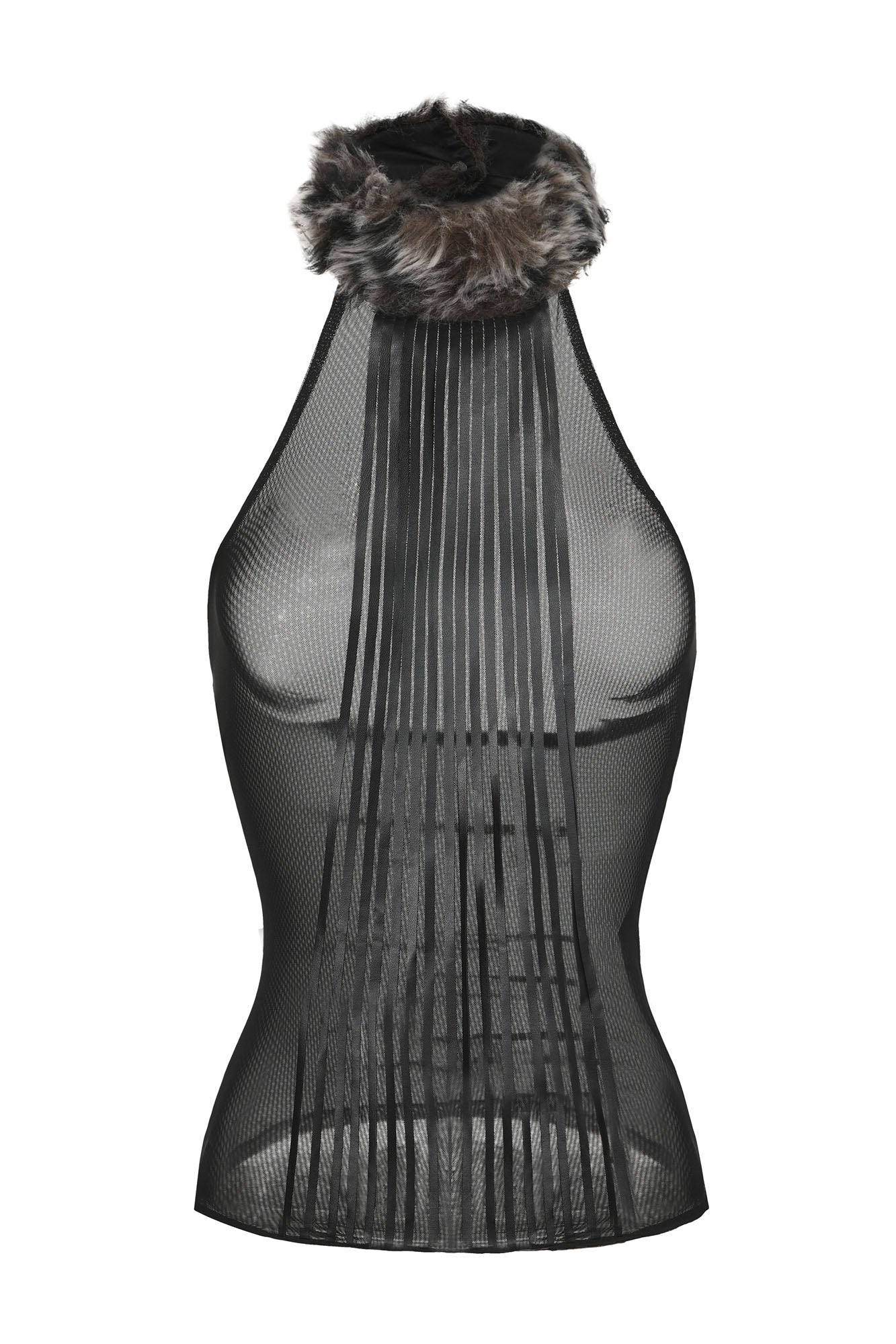 NEVER OFFEND L ANGEL Faux-Fur Collar Panel Mesh Halter Top