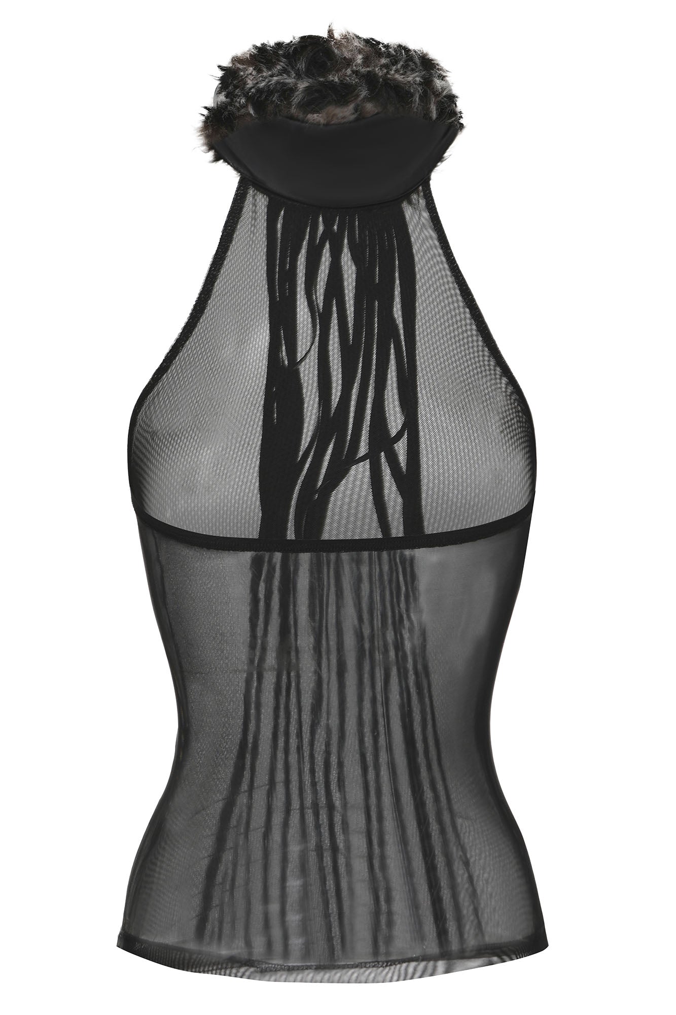 NEVER OFFEND L ANGEL Faux-Fur Collar Panel Mesh Halter Top