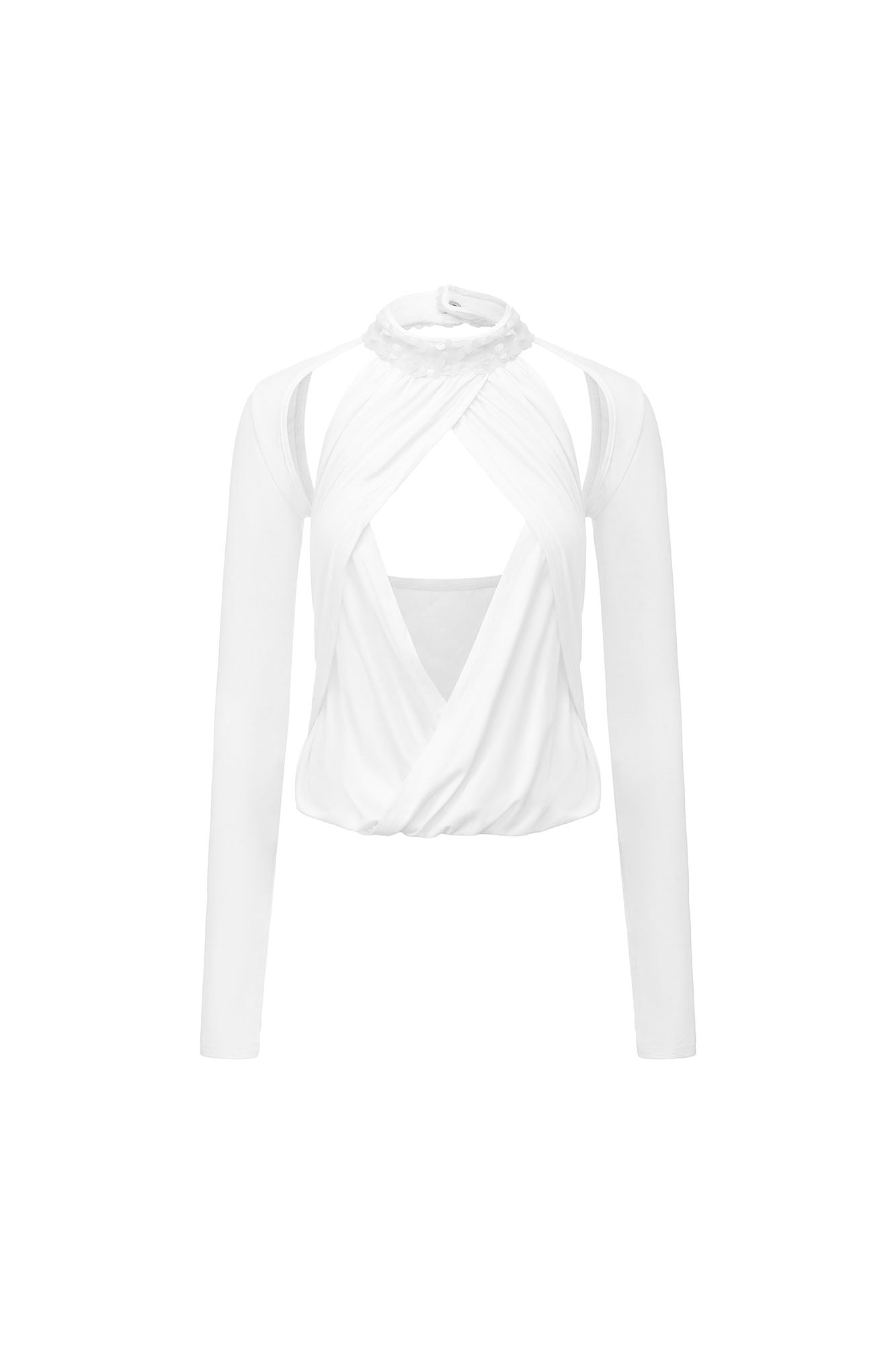 NEVER OFFEND L ANGEL Draped Cut-Out Backless Halter Top