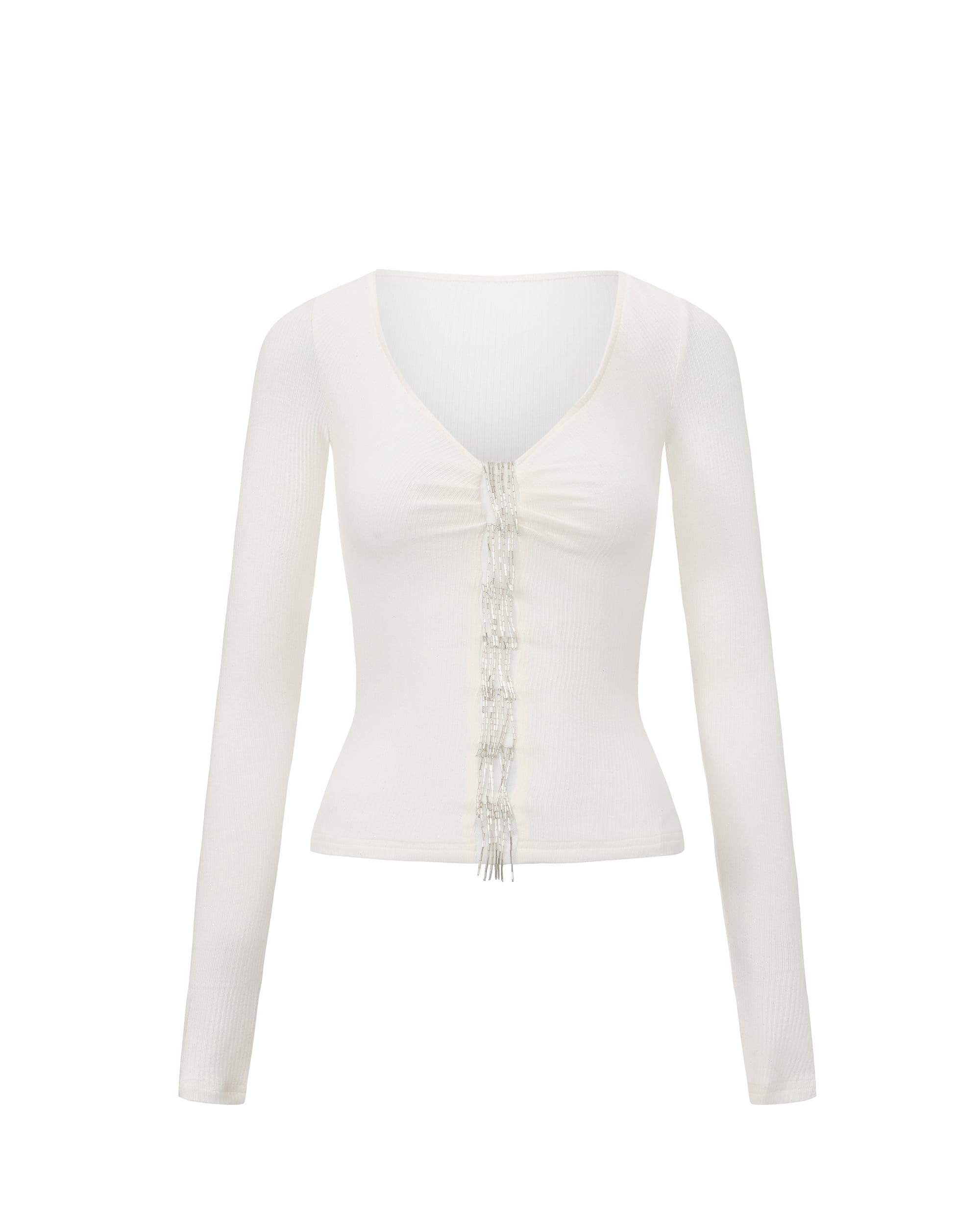 NEVER OFFEND L ANGEL Sparkle Fringe V-Neck Long-Sleeve Top