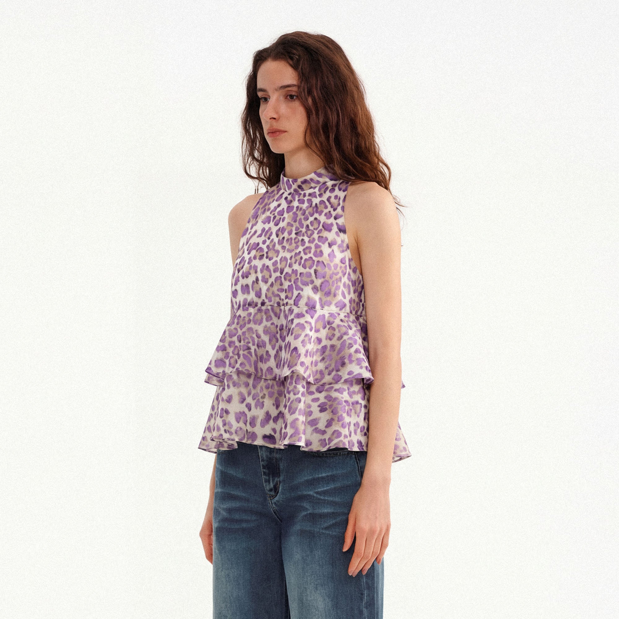MUSE NAPS Leopard Halter Neck Wave-Hem Tank Top
