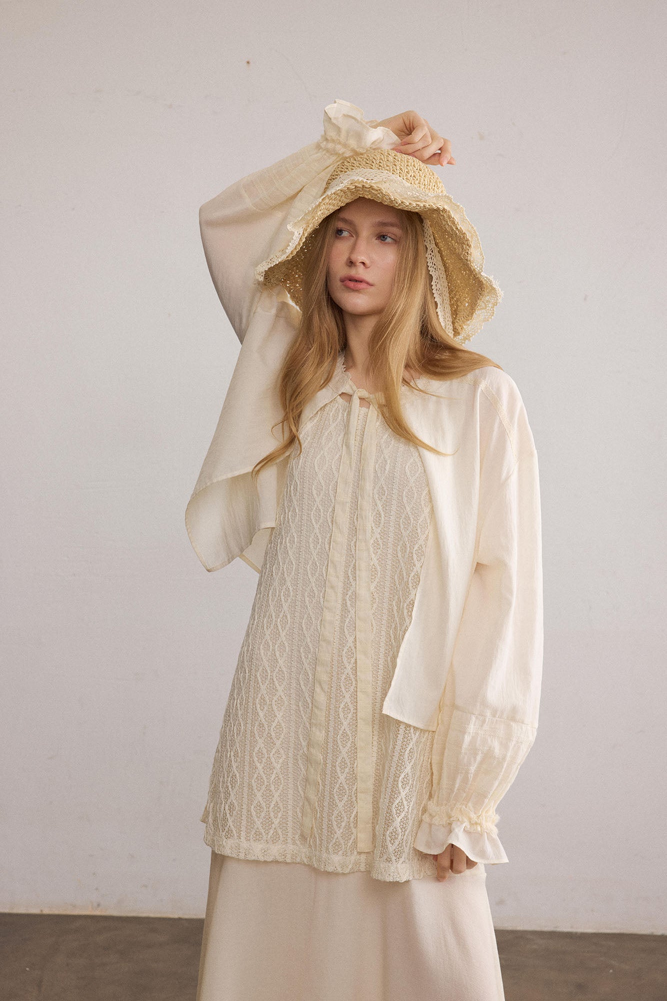 SAME FLOW Layered Lace-Panel Tie-Neck Long-Sleeve Tee