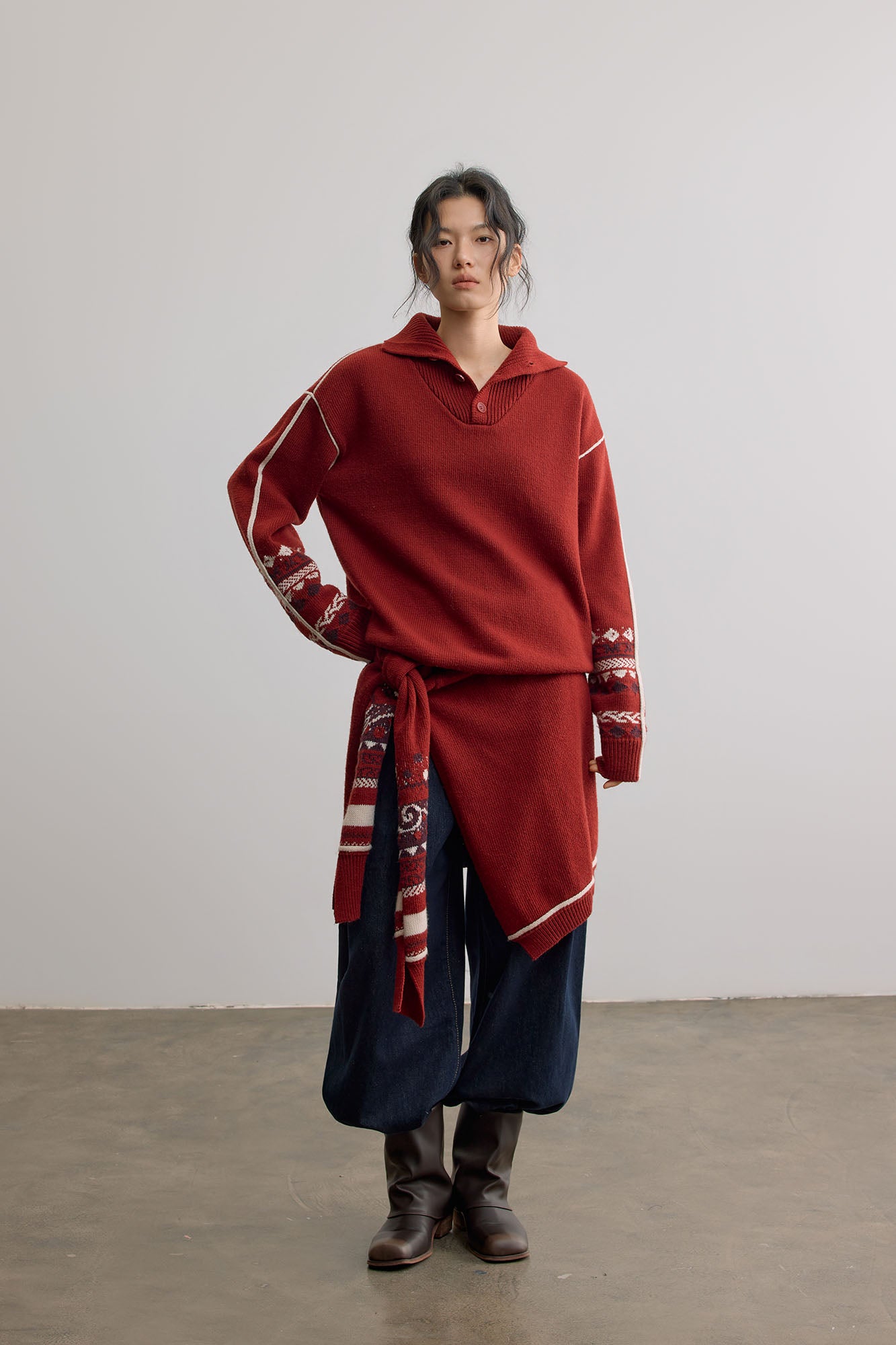 SAME FLOW Retro Jacquard Sleeve Sweater & Shawl Set