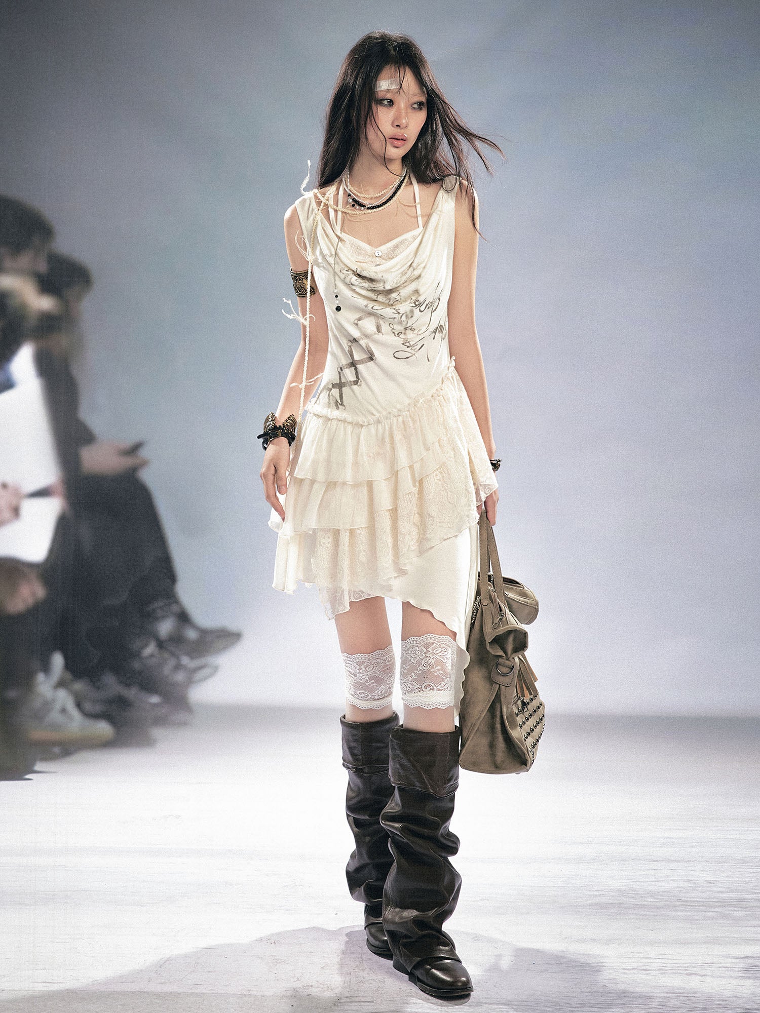 CESTNOUS Asym Layered Lace Cowl Neck Dress