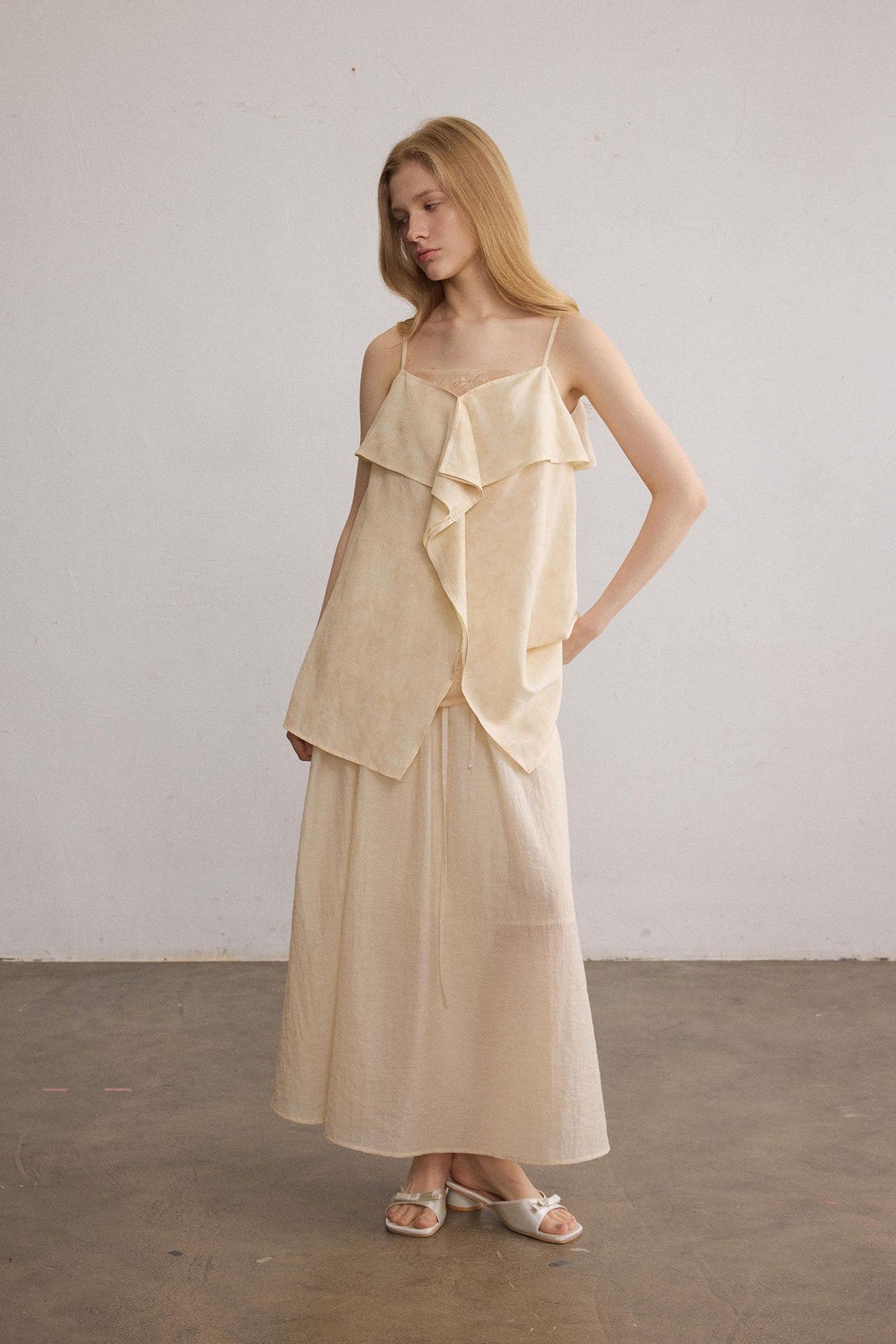 SAME FLOW Asymmetrical Draped Lace-Panel Cami Top