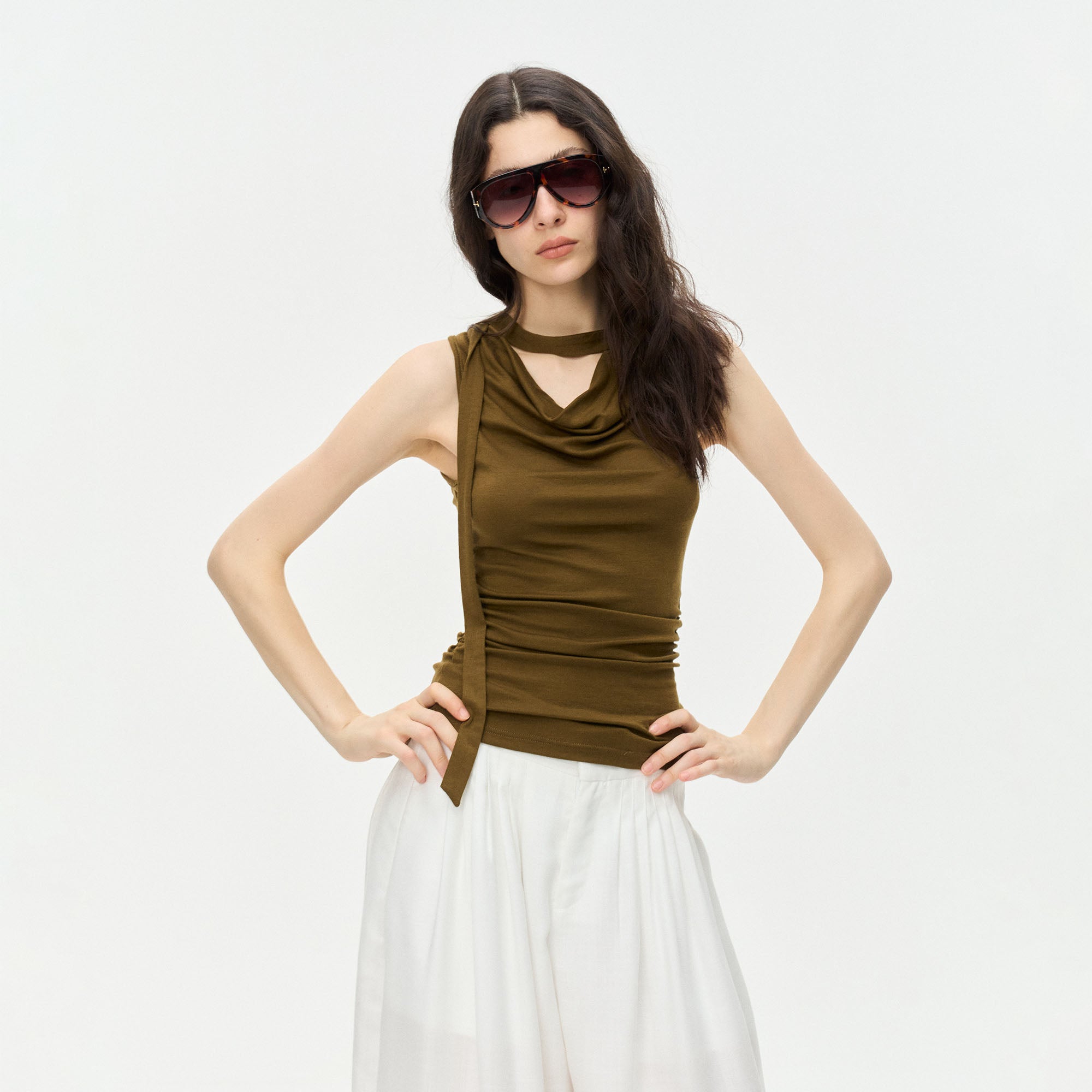 LEONSENSE Choker-Neck Draped Sleeveless Top