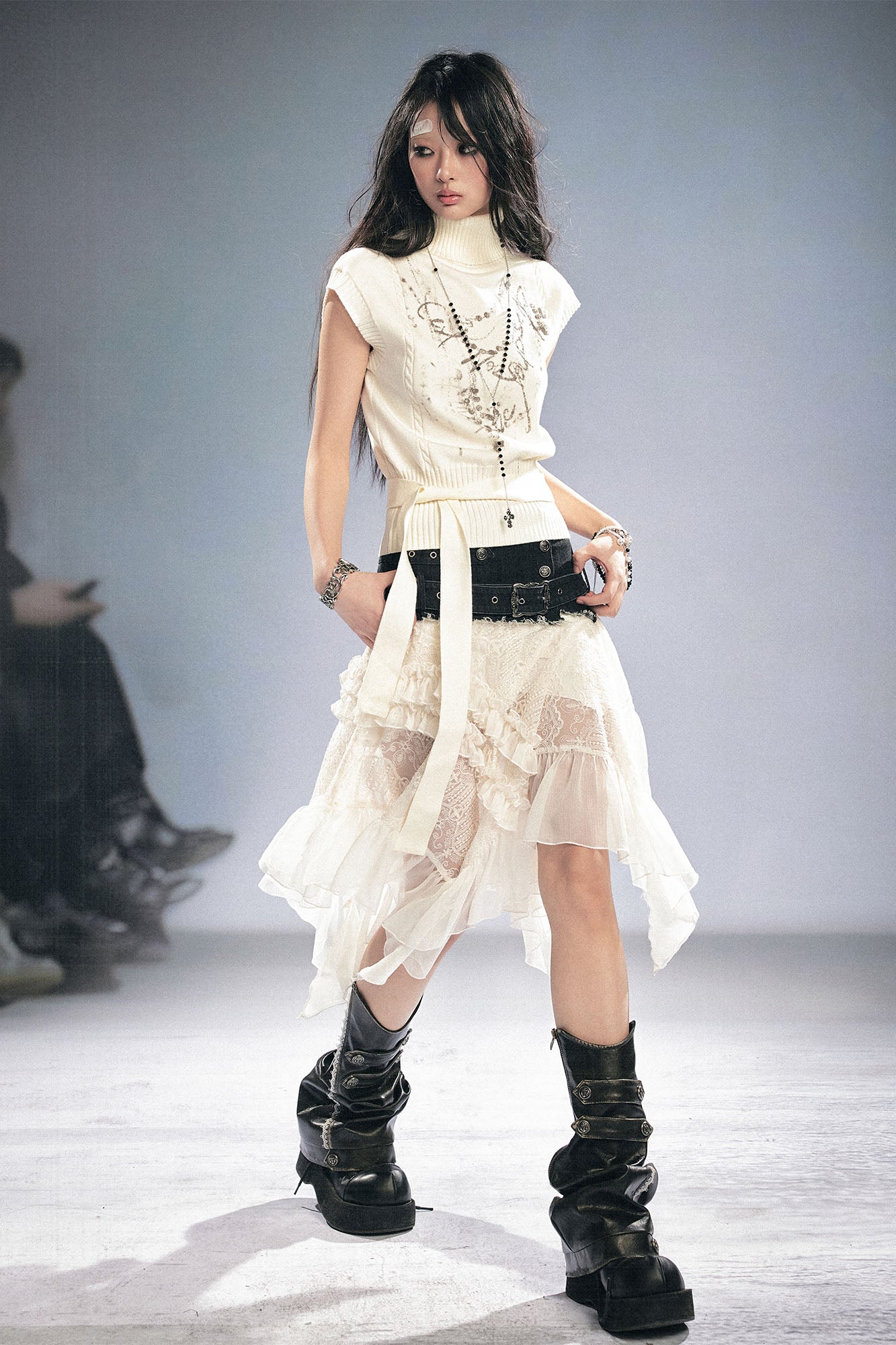 CESTNOUS Denim Belt-Waist Lace Ruffle Asym Skirt