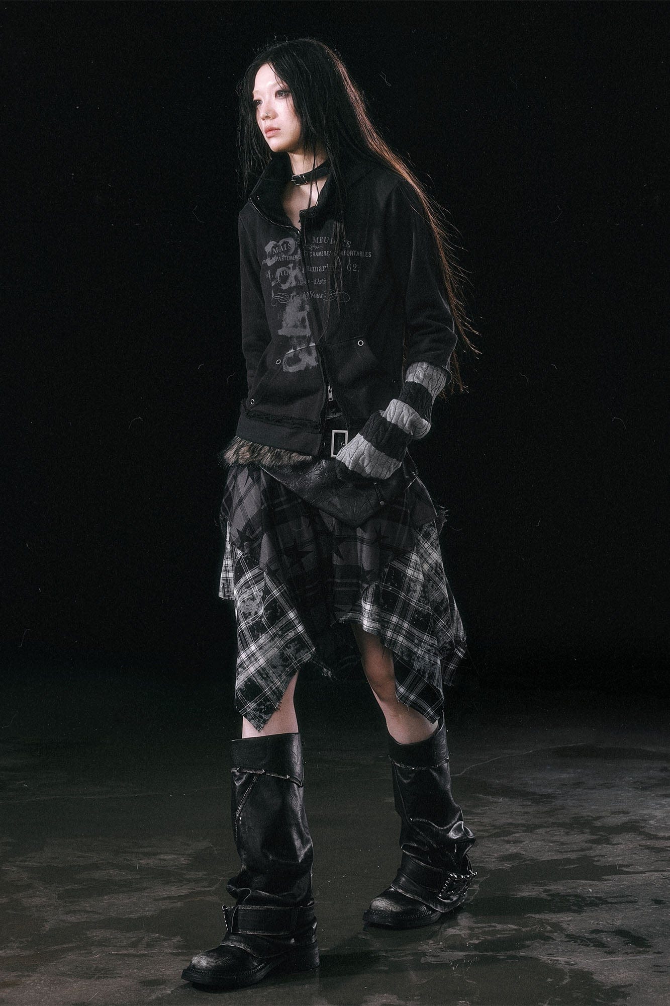 CESTNOUS Asymmetrical Star Plaid Raw Edge Skirt