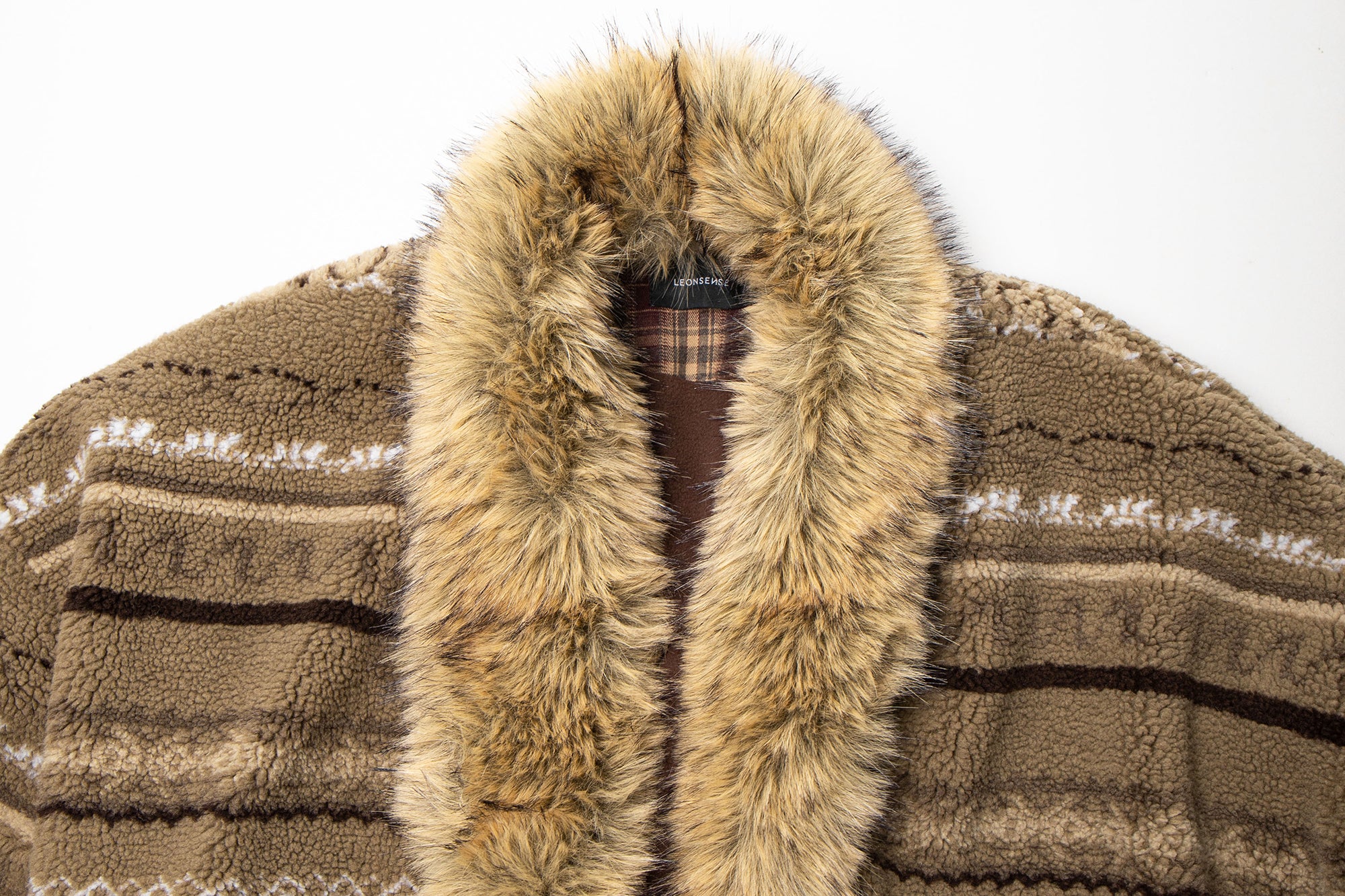 LEONSENSE Detachable Faux Fur Collar Fair Isle Jacket