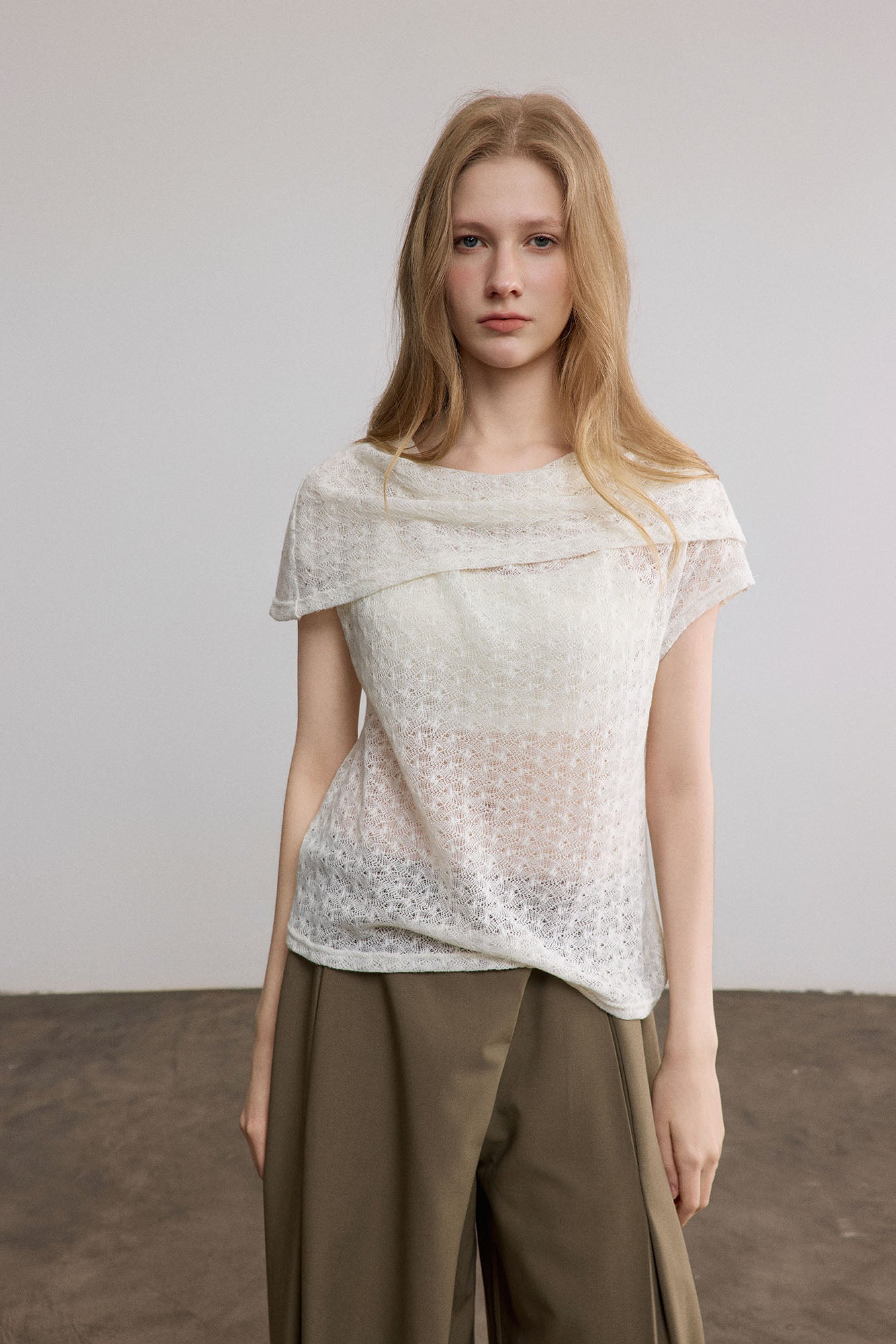 SAME FLOW Sheer Foldover Knit Top