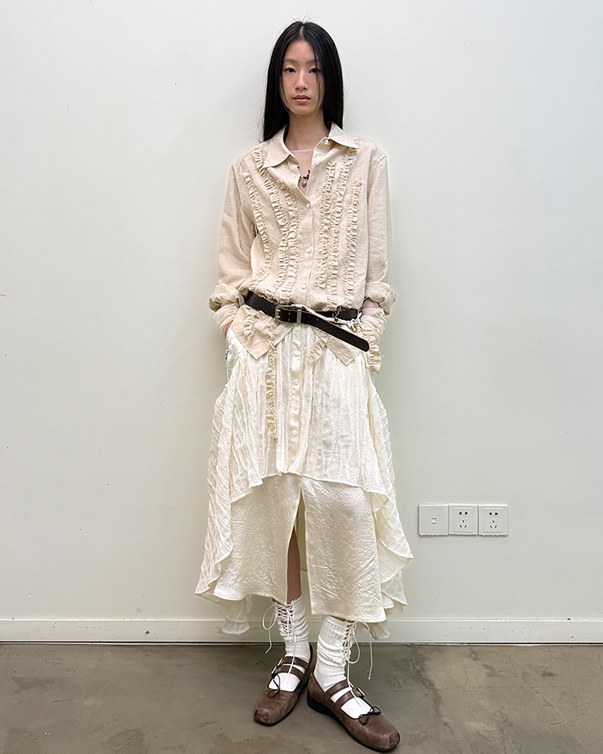 NEVERSEEZ Layered Shirt Hem Acetate Spliced Maxi Skirt