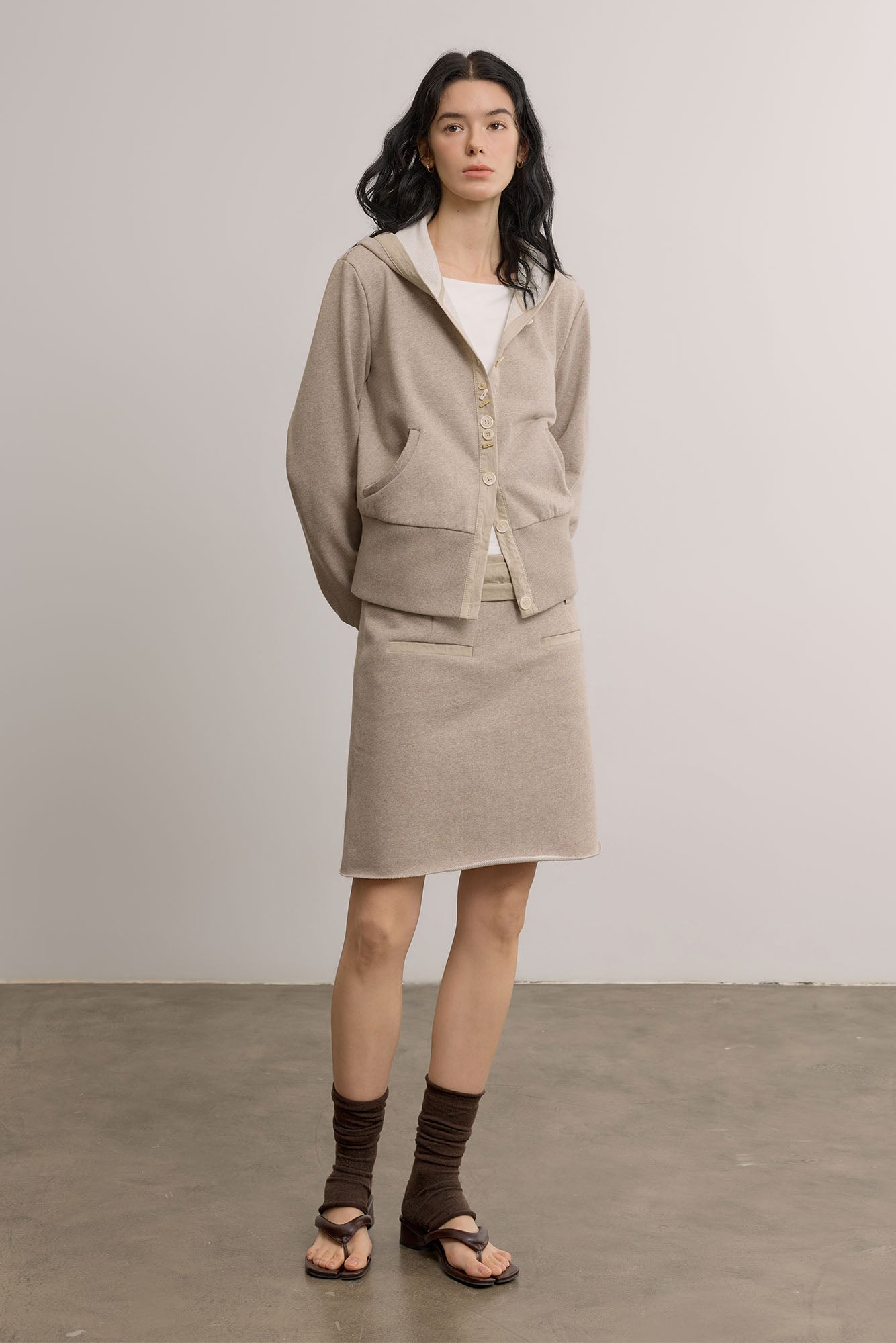 SAME FLOW Ruched Waistband Raw-Edge Pencil Skirt