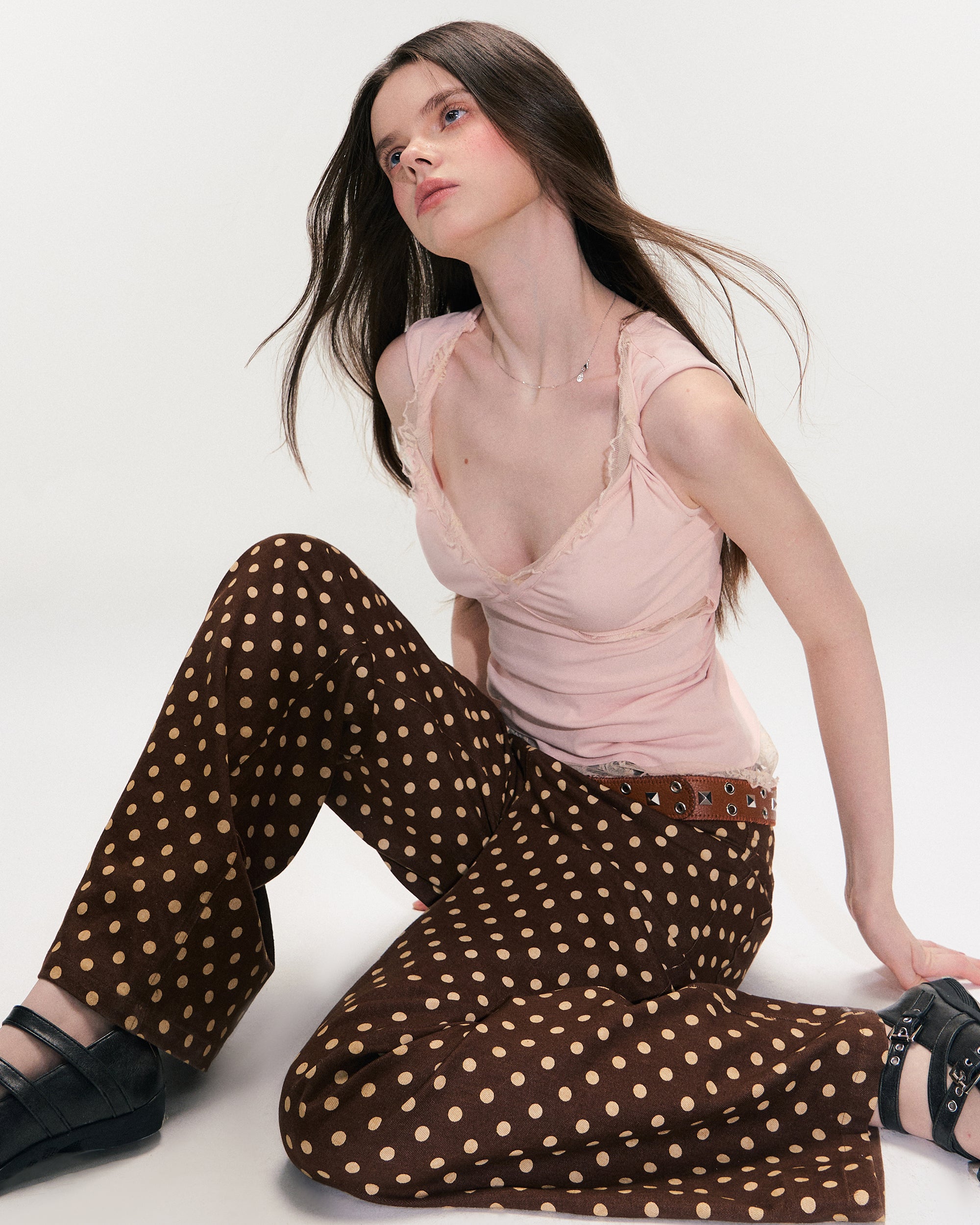 THE NEVERMORE Retro Polka Dot Embroidered Wide-Leg Pants