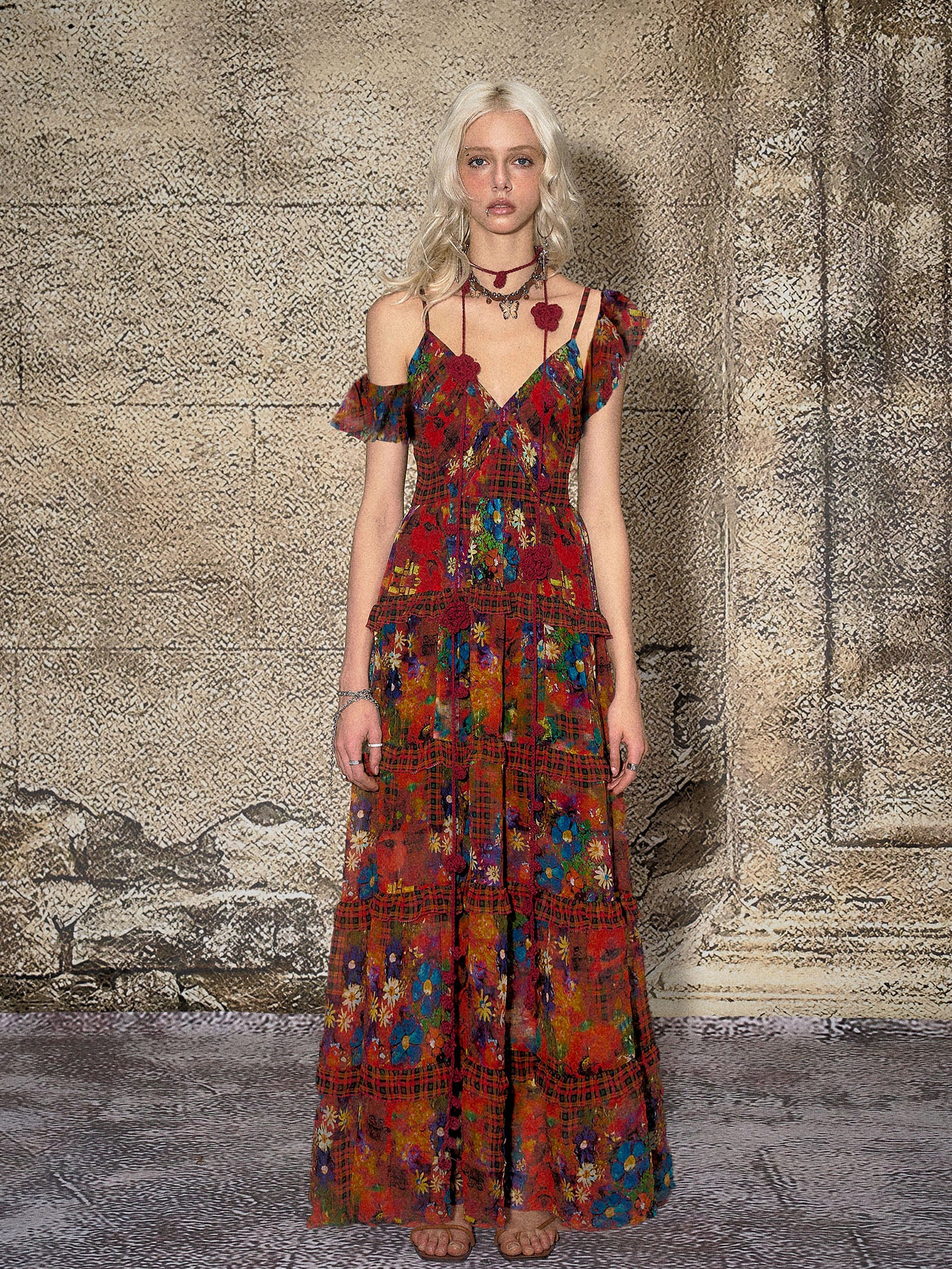 THE NEVERMORE Floral Plaid Tiered Maxi Dress