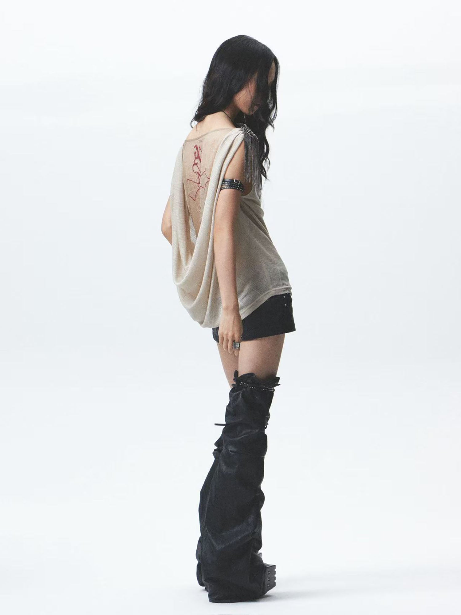 NONAME SPACE Draped Mesh Cross Graphic Top