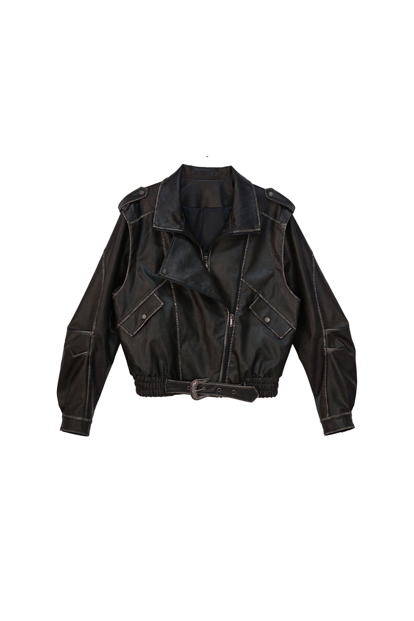 CESTNOUS Distressed Dual-Zip Faux Leather Biker Jacket