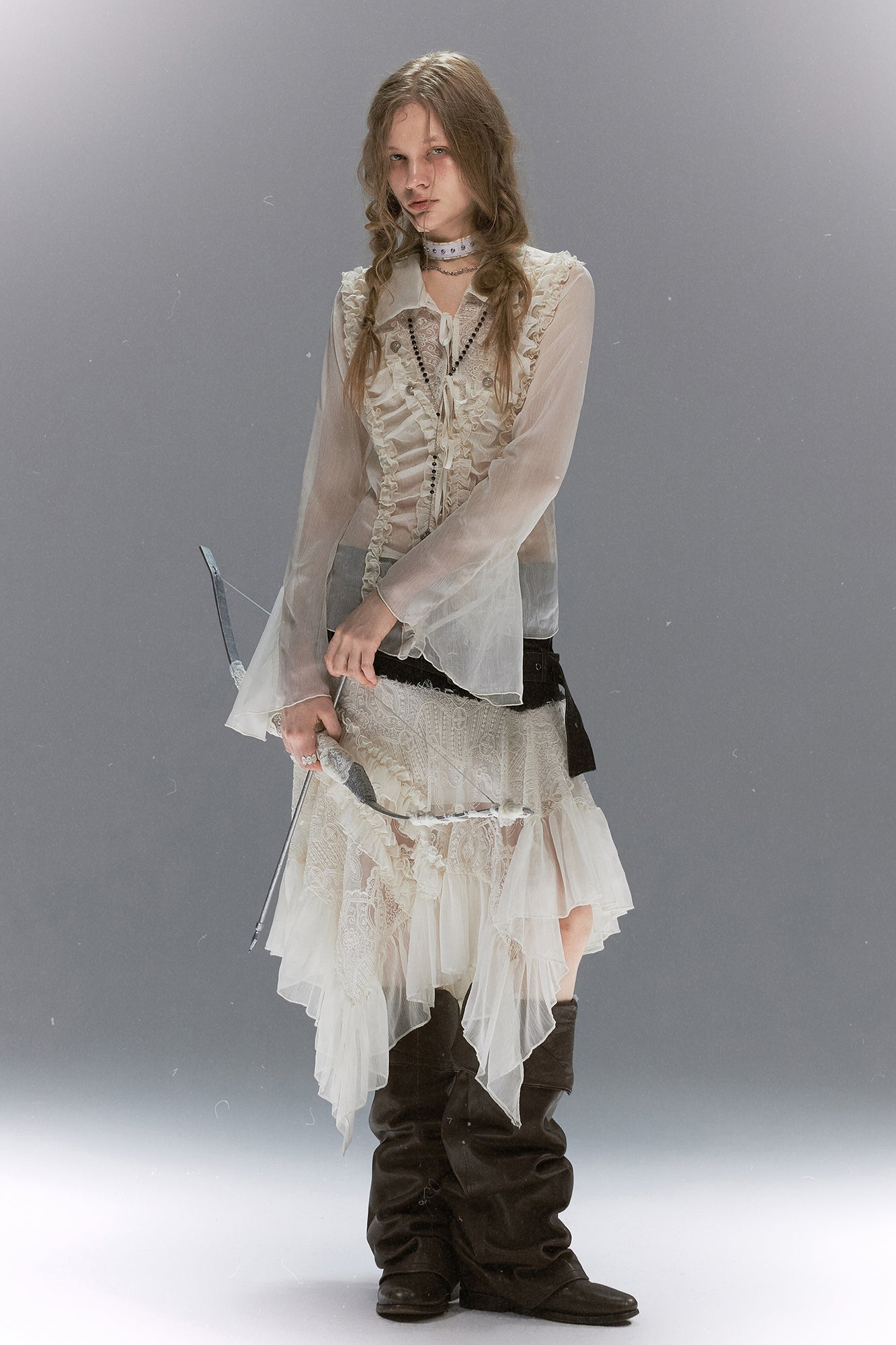 CESTNOUS Ruffle Lace-Panel Bell-Sleeve Shirt